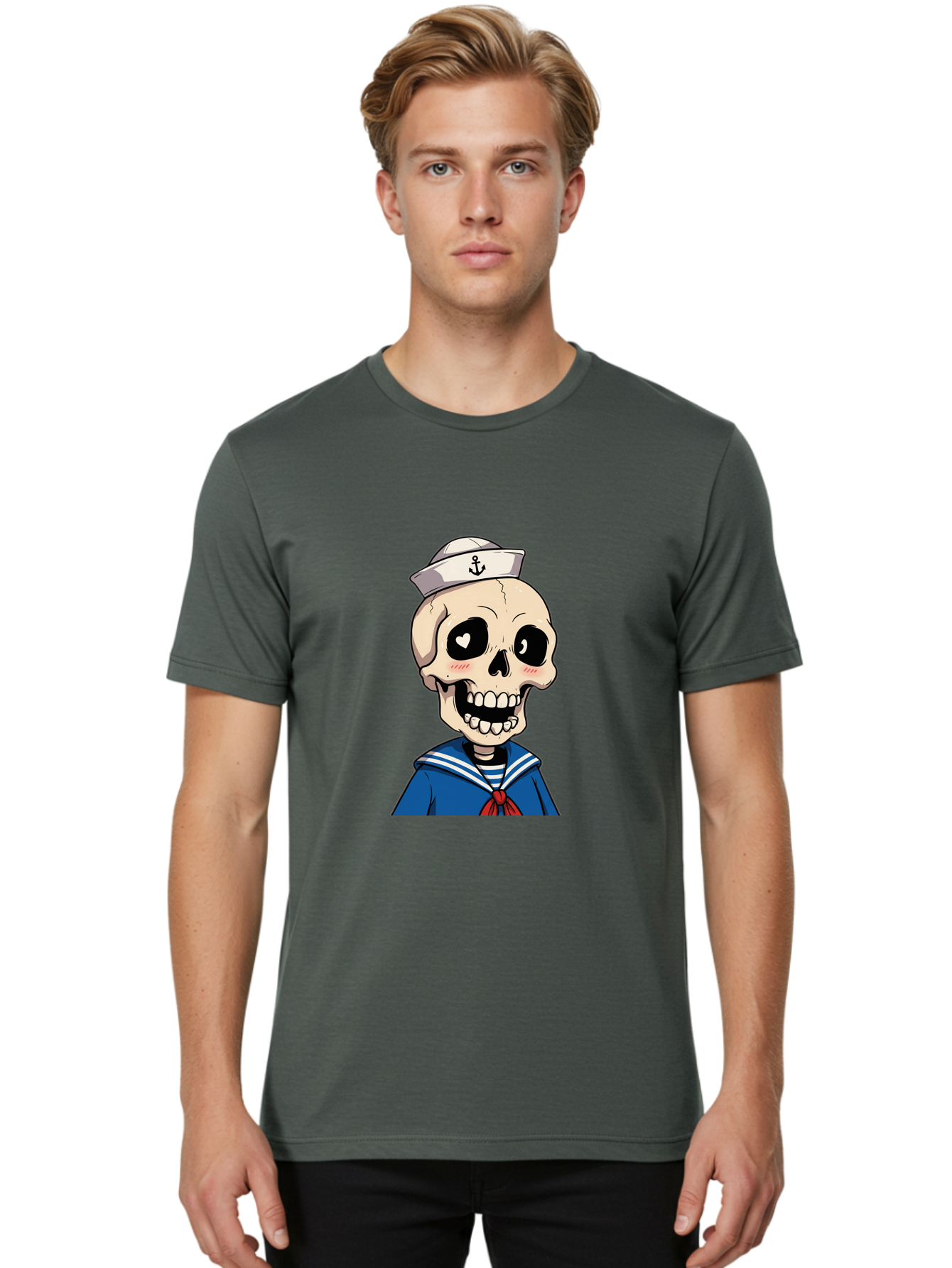 Sailor-Skull Men'S Graphic Tee, 100% Cotton, Comfortable Casual Summer Wear, Machine Washable, Cartoon Skull, Sailor Costume, Nautical Theme, Heart-Shaped Eye, Charming Smile, Kawaii Style, Quirky Character, Skeletal Figure, Anchor Hat, Bae264