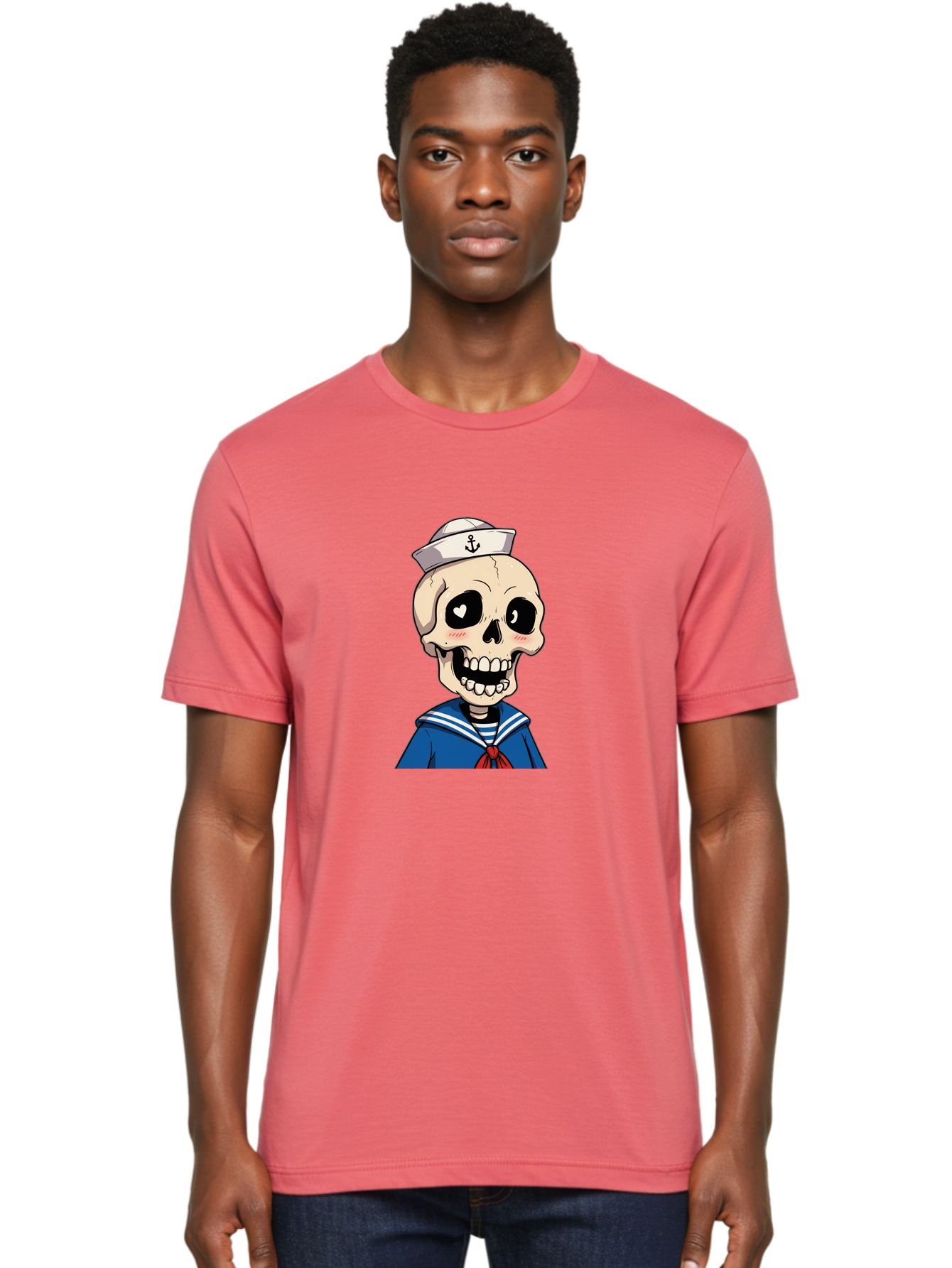 Sailor-Skull Men'S Graphic Tee, 100% Cotton, Comfortable Casual Summer Wear, Machine Washable, Cartoon Skull, Sailor Costume, Nautical Theme, Heart-Shaped Eye, Charming Smile, Kawaii Style, Quirky Character, Skeletal Figure, Anchor Hat, Bae264