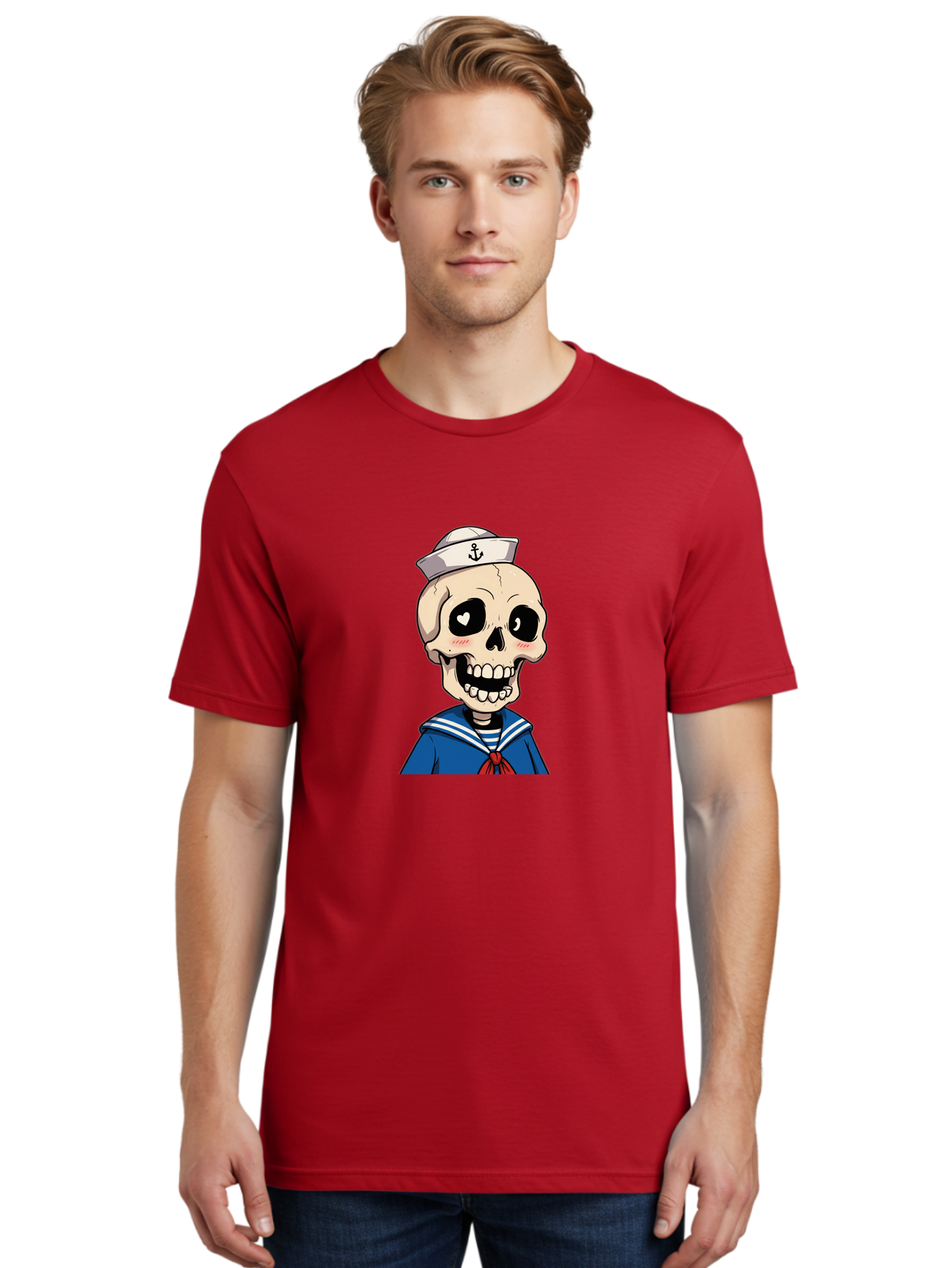 Sailor-Skull Men'S Graphic Tee, 100% Cotton, Comfortable Casual Summer Wear, Machine Washable, Cartoon Skull, Sailor Costume, Nautical Theme, Heart-Shaped Eye, Charming Smile, Kawaii Style, Quirky Character, Skeletal Figure, Anchor Hat, Bae264