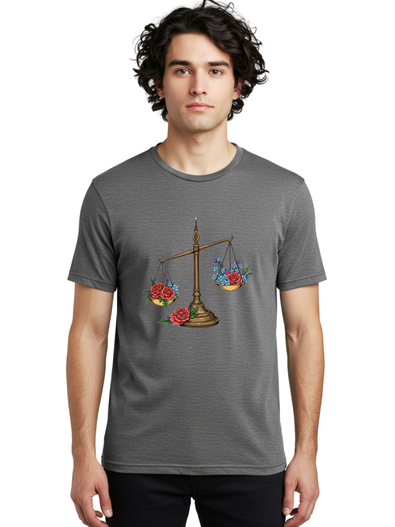 Scale-With-Flowers Men'S Graphic Tee, 100% Cotton, Comfortable Casual Summer Wear, Machine Washable, Vintage Scale, Balance And Harmony, Red Roses And Blue Flowers, Contrasting Colors, Equilibrium, Justice Symbol, Ornate Details, Bae265