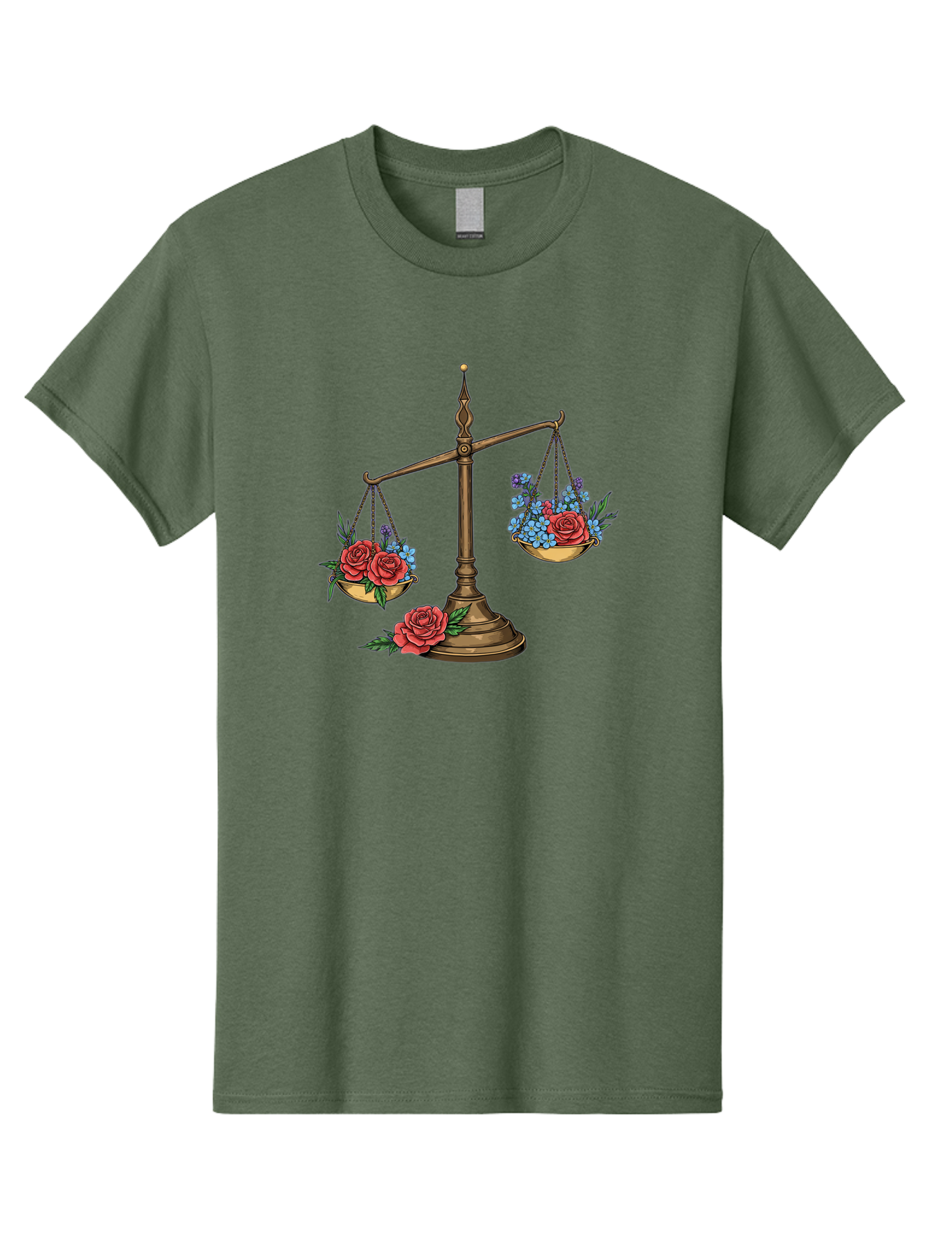 Scale-With-Flowers Men'S Graphic Tee, 100% Cotton, Comfortable Casual Summer Wear, Machine Washable, Vintage Scale, Balance And Harmony, Red Roses And Blue Flowers, Contrasting Colors, Equilibrium, Justice Symbol, Ornate Details, Bae265