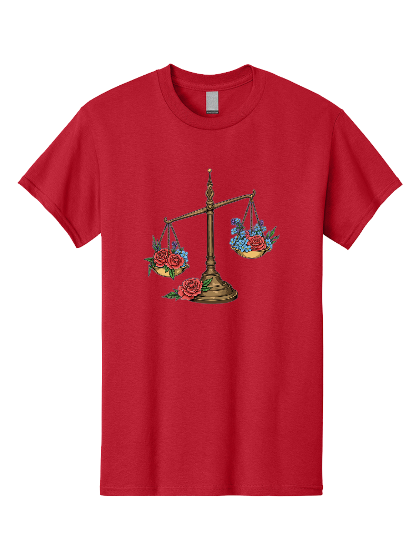 Scale-With-Flowers Men'S Graphic Tee, 100% Cotton, Comfortable Casual Summer Wear, Machine Washable, Vintage Scale, Balance And Harmony, Red Roses And Blue Flowers, Contrasting Colors, Equilibrium, Justice Symbol, Ornate Details, Bae265