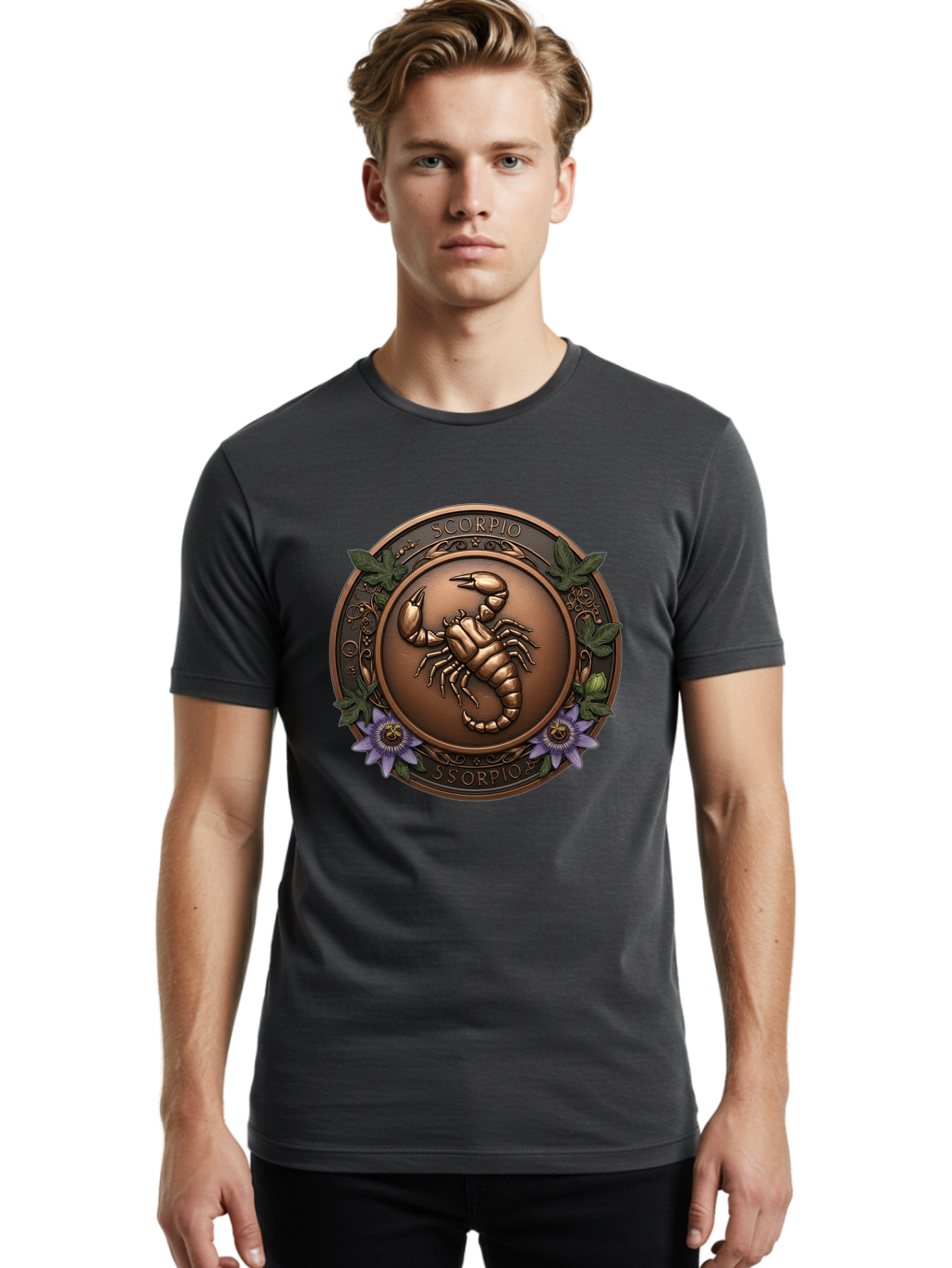 Scorpio-1 Men'S Graphic Tee, 100% Cotton, Comfortable Casual Summer Wear, Machine Washable, Scorpion Symbol, Zodiac Sign, Astrological Emblem, Bronze Medal, Scorpio, Mysterious, Astrology, Mystic, Flower, Leaves, Scorpion Motif Bae267