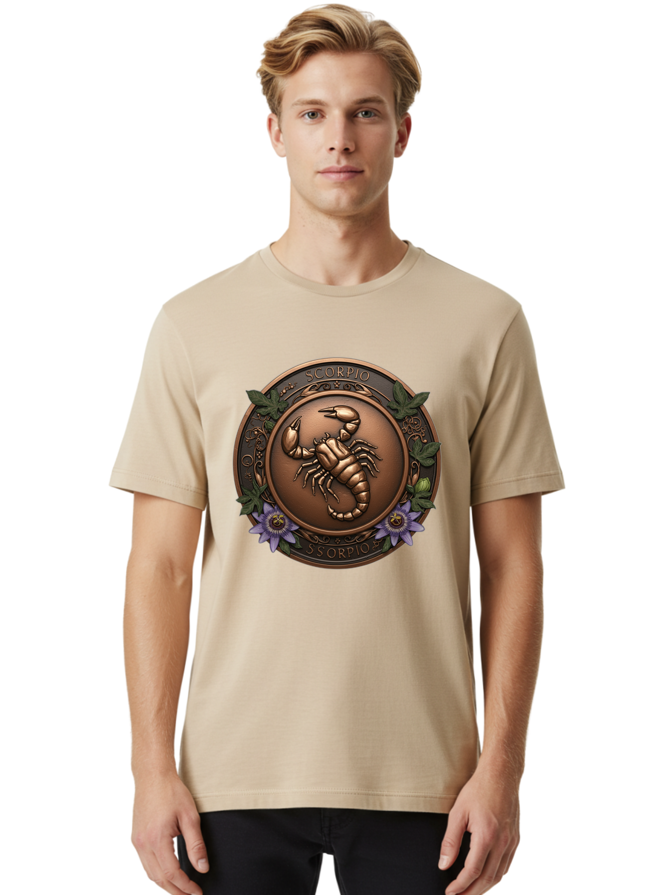 Scorpio-1 Men'S Graphic Tee, 100% Cotton, Comfortable Casual Summer Wear, Machine Washable, Scorpion Symbol, Zodiac Sign, Astrological Emblem, Bronze Medal, Scorpio, Mysterious, Astrology, Mystic, Flower, Leaves, Scorpion Motif Bae267