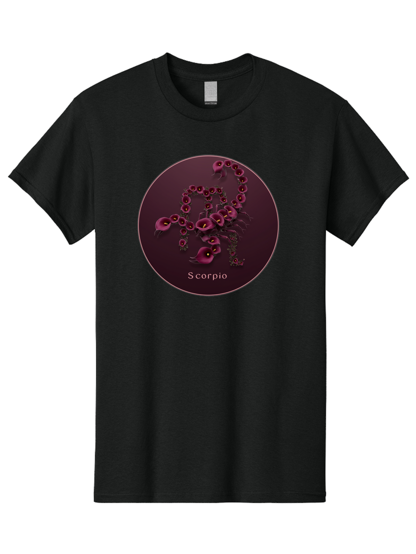 Scorpio Men'S Graphic Tee, 100% Cotton, Comfortable Casual Summer Wear, Machine Washable, Scorpion Symbol, Calla Lily Flowers, Floral Arrangement, Dark Pink Blooms, Astrology Sign, Zodiac Symbol, Scorpio, Mysterious Design, Elegant Flowers Bae268