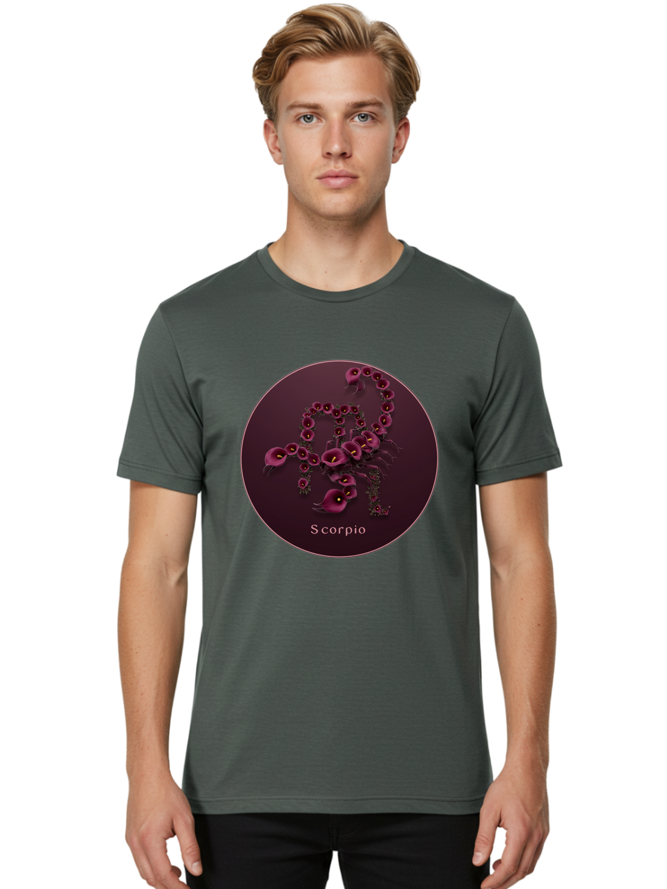 Scorpio Men'S Graphic Tee, 100% Cotton, Comfortable Casual Summer Wear, Machine Washable, Scorpion Symbol, Calla Lily Flowers, Floral Arrangement, Dark Pink Blooms, Astrology Sign, Zodiac Symbol, Scorpio, Mysterious Design, Elegant Flowers Bae268