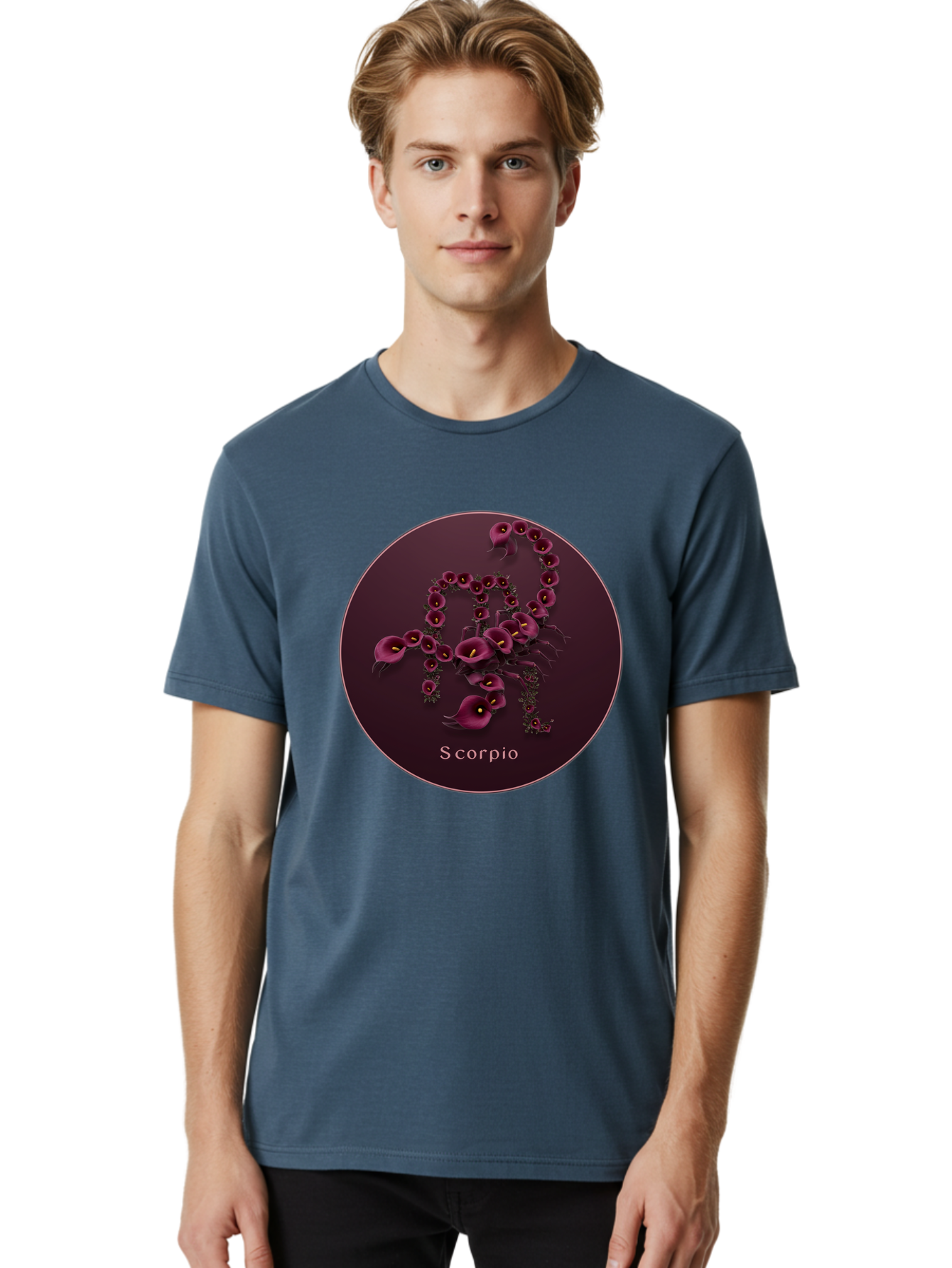 Scorpio Men'S Graphic Tee, 100% Cotton, Comfortable Casual Summer Wear, Machine Washable, Scorpion Symbol, Calla Lily Flowers, Floral Arrangement, Dark Pink Blooms, Astrology Sign, Zodiac Symbol, Scorpio, Mysterious Design, Elegant Flowers Bae268