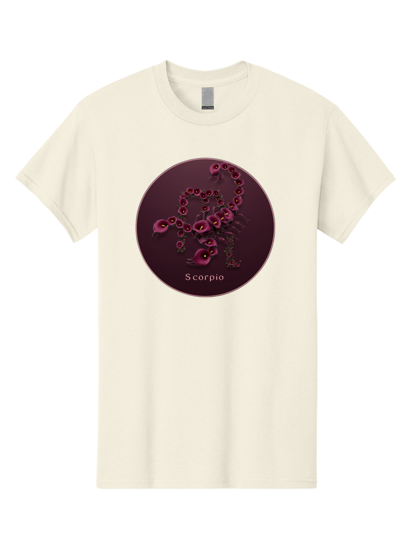 Scorpio Men'S Graphic Tee, 100% Cotton, Comfortable Casual Summer Wear, Machine Washable, Scorpion Symbol, Calla Lily Flowers, Floral Arrangement, Dark Pink Blooms, Astrology Sign, Zodiac Symbol, Scorpio, Mysterious Design, Elegant Flowers Bae268
