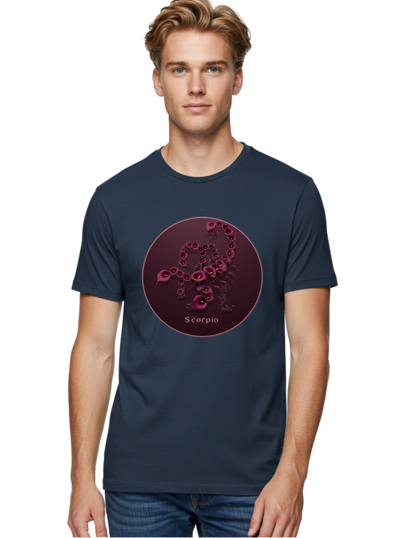 Scorpio Men'S Graphic Tee, 100% Cotton, Comfortable Casual Summer Wear, Machine Washable, Scorpion Symbol, Calla Lily Flowers, Floral Arrangement, Dark Pink Blooms, Astrology Sign, Zodiac Symbol, Scorpio, Mysterious Design, Elegant Flowers Bae268