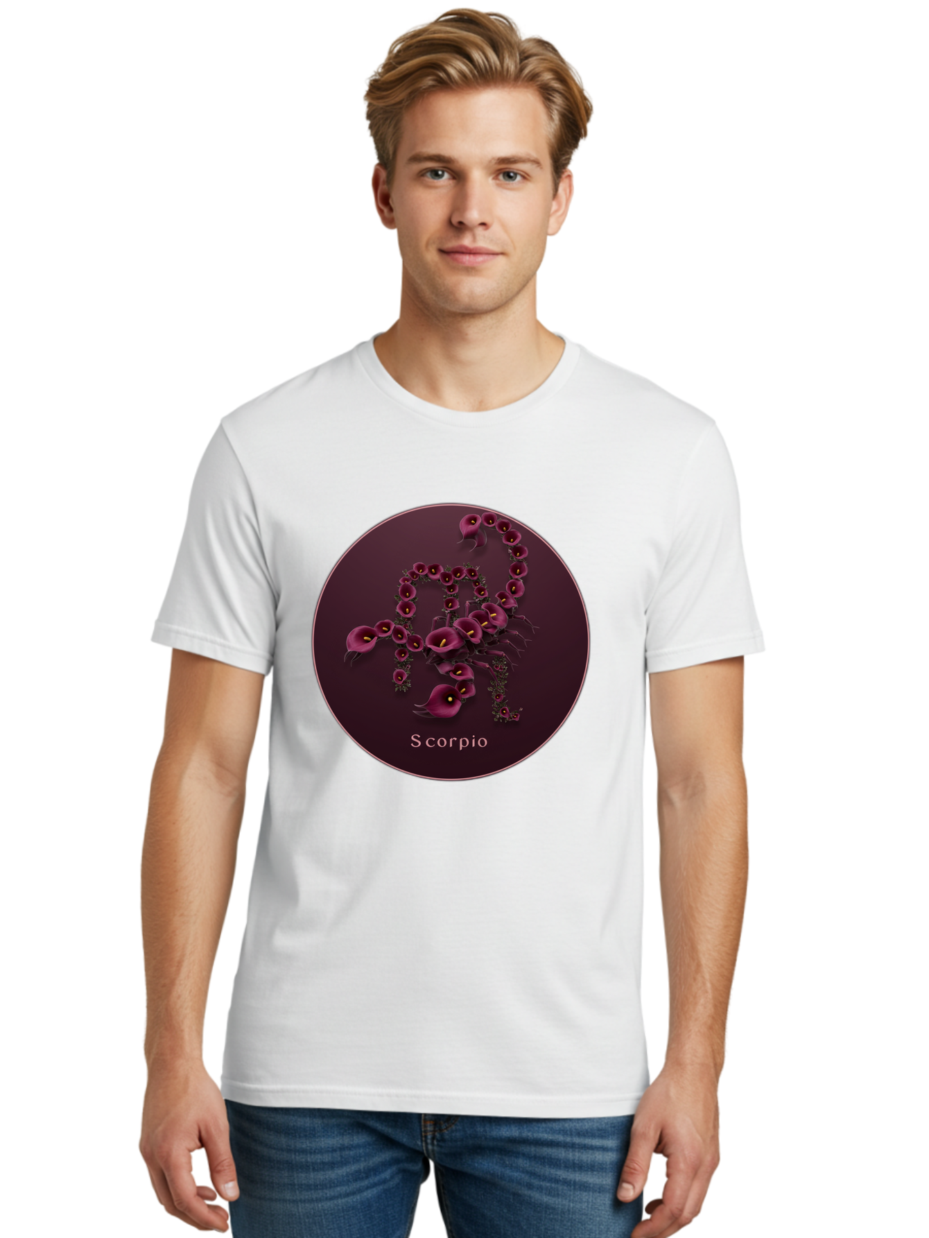 Scorpio Men'S Graphic Tee, 100% Cotton, Comfortable Casual Summer Wear, Machine Washable, Scorpion Symbol, Calla Lily Flowers, Floral Arrangement, Dark Pink Blooms, Astrology Sign, Zodiac Symbol, Scorpio, Mysterious Design, Elegant Flowers Bae268