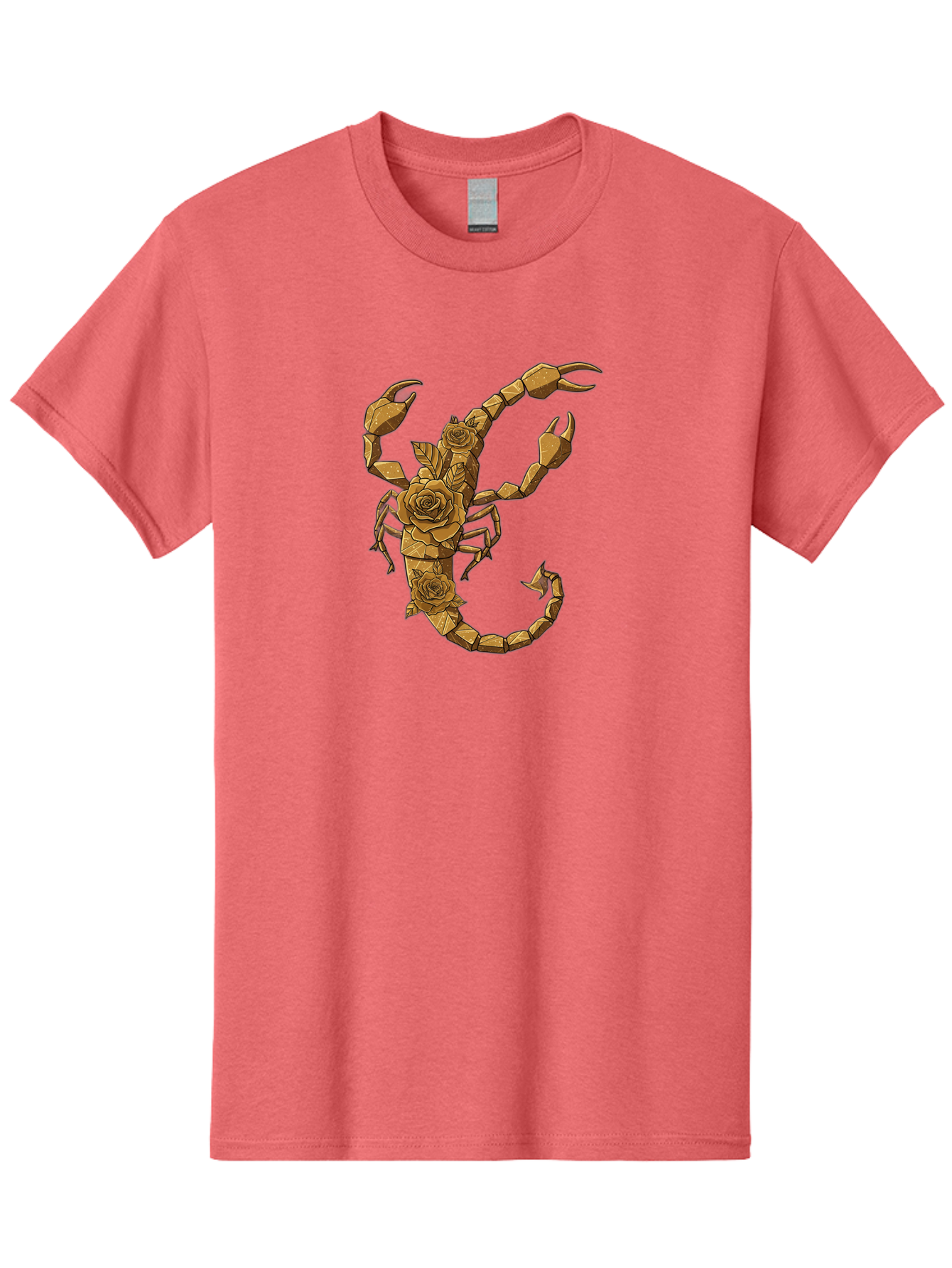 Scorpion-With-Roses Men'S Graphic Tee, 100% Cotton, Comfortable Casual Summer Wear, Machine Washable, Geometric Gold Scorpion, Roses On Body, Gold Roses And Scorpion Fusion, Intricate Design, Low Poly Art, Animal And Flower Art, Bae269