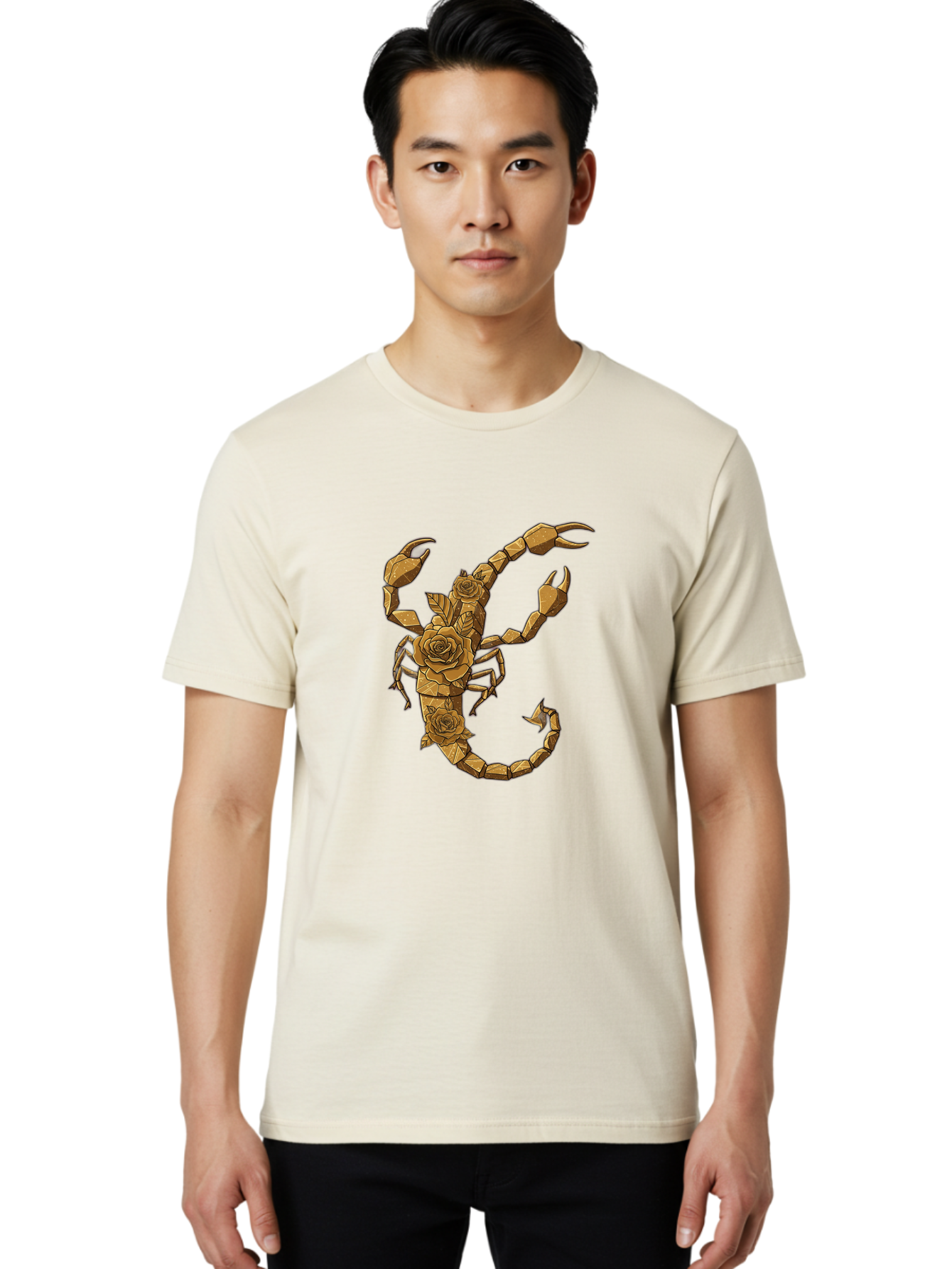 Scorpion-With-Roses Men'S Graphic Tee, 100% Cotton, Comfortable Casual Summer Wear, Machine Washable, Geometric Gold Scorpion, Roses On Body, Gold Roses And Scorpion Fusion, Intricate Design, Low Poly Art, Animal And Flower Art, Bae269