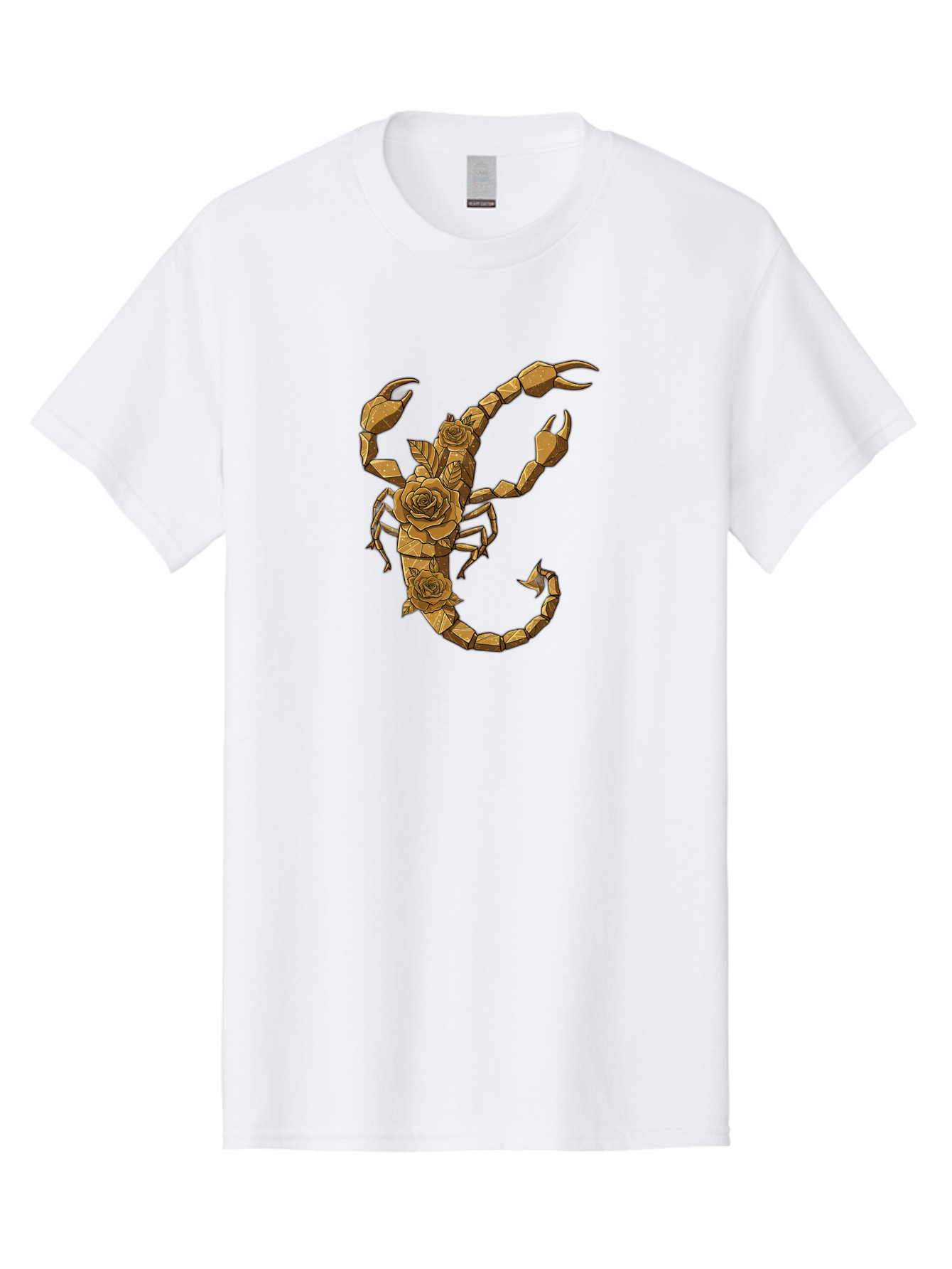 Scorpion-With-Roses Men'S Graphic Tee, 100% Cotton, Comfortable Casual Summer Wear, Machine Washable, Geometric Gold Scorpion, Roses On Body, Gold Roses And Scorpion Fusion, Intricate Design, Low Poly Art, Animal And Flower Art, Bae269
