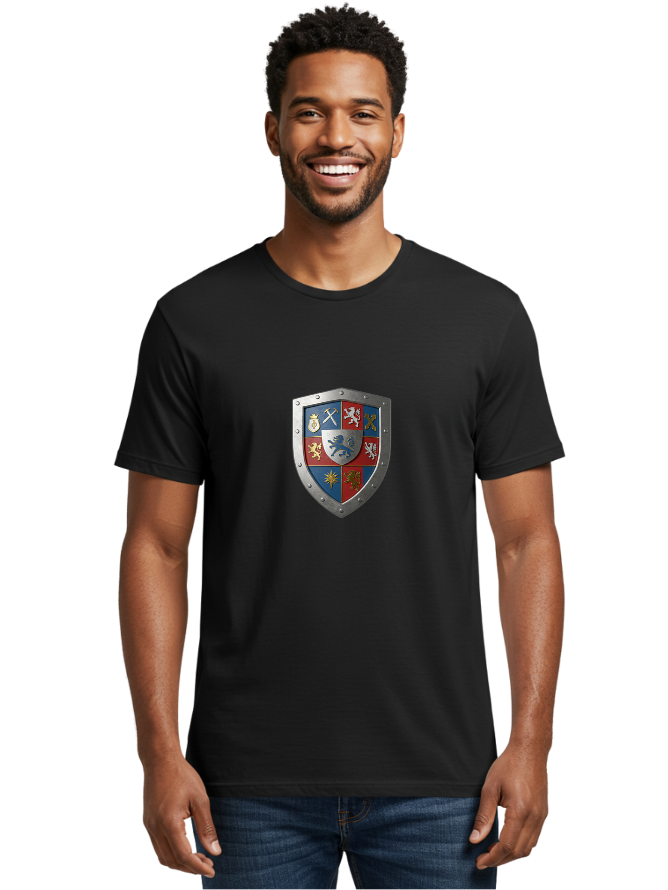 Shield-With-Coat-Of-Arms Men'S Graphic Tee, 100% Cotton, Comfortable Casual Summer Wear, Machine Washable, Shield Emblem, Coat Of Arms, Heraldic Shield, Medieval Symbol, Lion Emblem, Eagle Symbol, Crown Icon, Crossed Swords, Knight'S Armor, Bae270