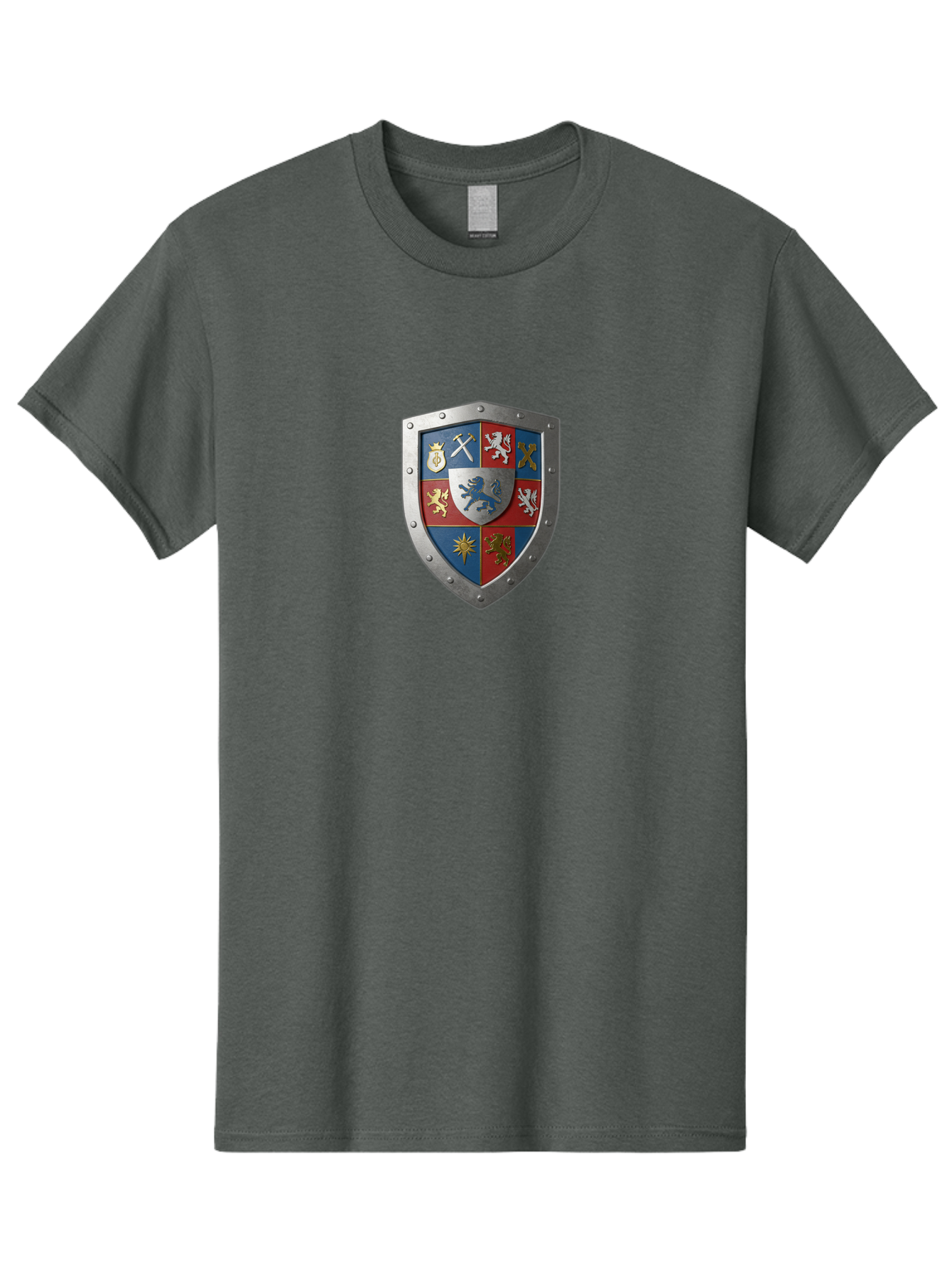 Shield-With-Coat-Of-Arms Men'S Graphic Tee, 100% Cotton, Comfortable Casual Summer Wear, Machine Washable, Shield Emblem, Coat Of Arms, Heraldic Shield, Medieval Symbol, Lion Emblem, Eagle Symbol, Crown Icon, Crossed Swords, Knight'S Armor, Bae270