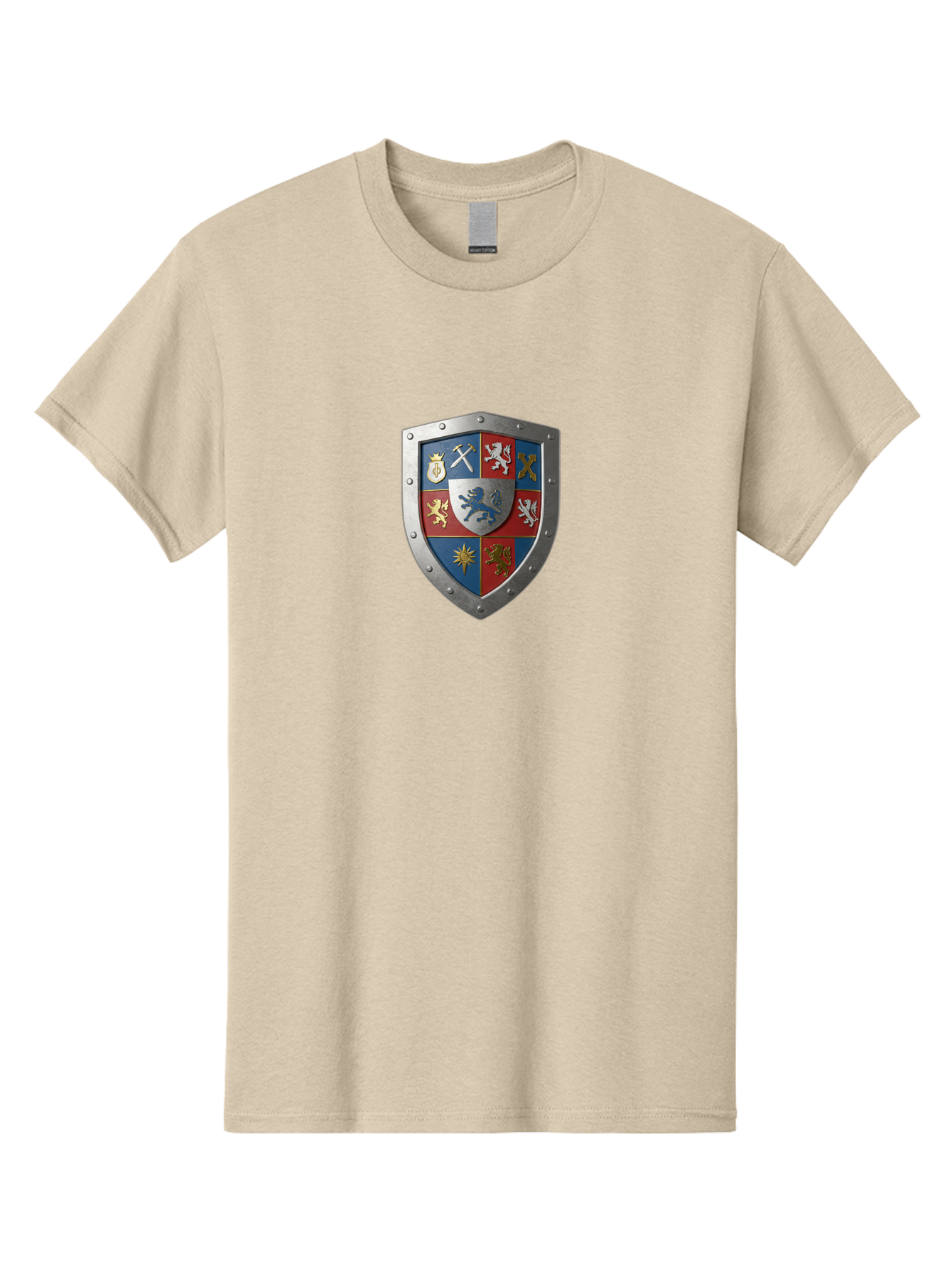 Shield-With-Coat-Of-Arms Men'S Graphic Tee, 100% Cotton, Comfortable Casual Summer Wear, Machine Washable, Shield Emblem, Coat Of Arms, Heraldic Shield, Medieval Symbol, Lion Emblem, Eagle Symbol, Crown Icon, Crossed Swords, Knight'S Armor, Bae270