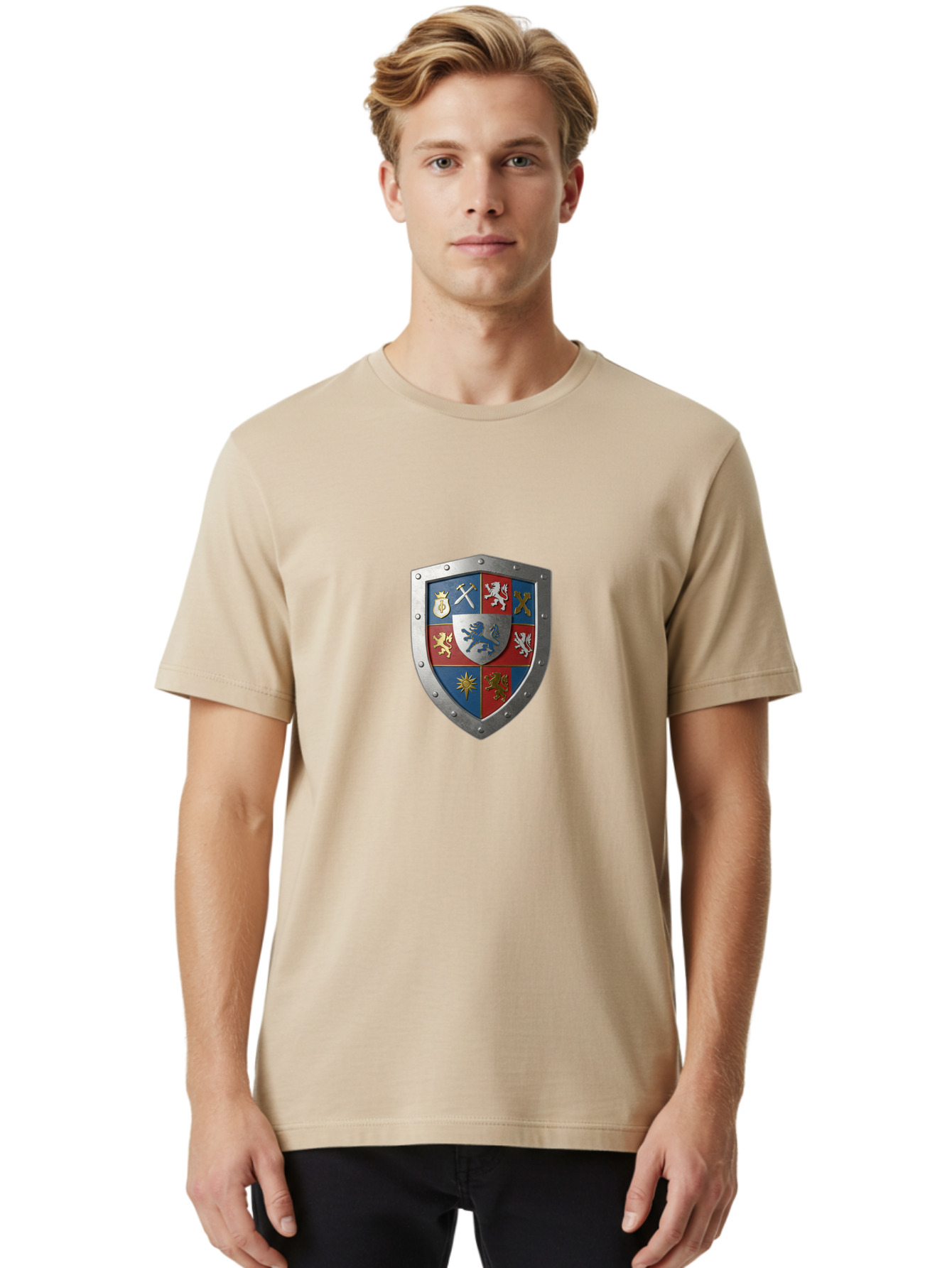 Shield-With-Coat-Of-Arms Men'S Graphic Tee, 100% Cotton, Comfortable Casual Summer Wear, Machine Washable, Shield Emblem, Coat Of Arms, Heraldic Shield, Medieval Symbol, Lion Emblem, Eagle Symbol, Crown Icon, Crossed Swords, Knight'S Armor, Bae270