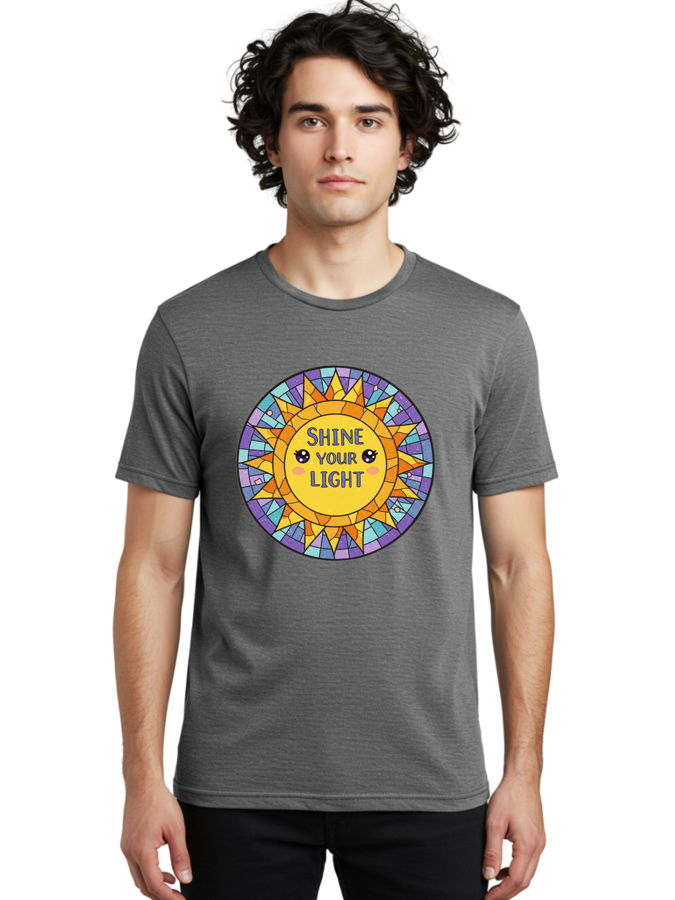 Shine-Your-Light-1 Men'S Graphic Tee, 100% Cotton, Comfortable Casual Summer Wear, Machine Washable, Stained Glass Sun, Inspirational Quote, Motivational Message, Cartoon Sun, Shine Your Light, Positivity, Encouragement, Colorful Graphic, Bae271