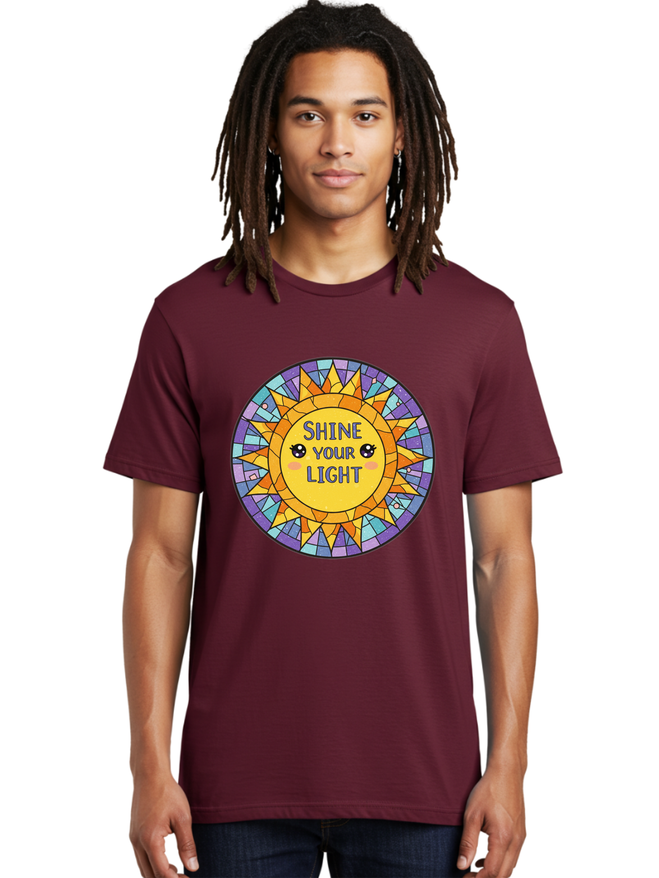 Shine-Your-Light-1 Men'S Graphic Tee, 100% Cotton, Comfortable Casual Summer Wear, Machine Washable, Stained Glass Sun, Inspirational Quote, Motivational Message, Cartoon Sun, Shine Your Light, Positivity, Encouragement, Colorful Graphic, Bae271