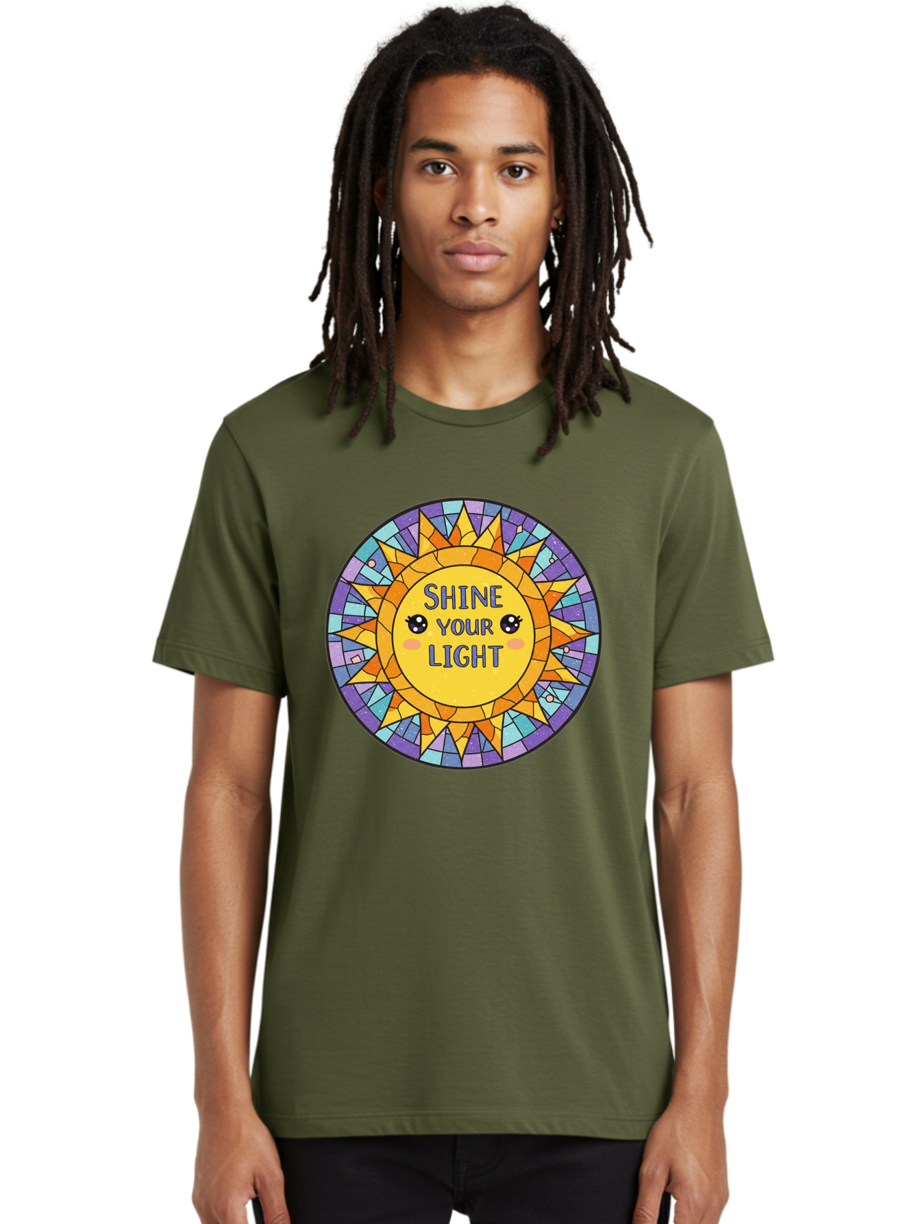 Shine-Your-Light-1 Men'S Graphic Tee, 100% Cotton, Comfortable Casual Summer Wear, Machine Washable, Stained Glass Sun, Inspirational Quote, Motivational Message, Cartoon Sun, Shine Your Light, Positivity, Encouragement, Colorful Graphic, Bae271