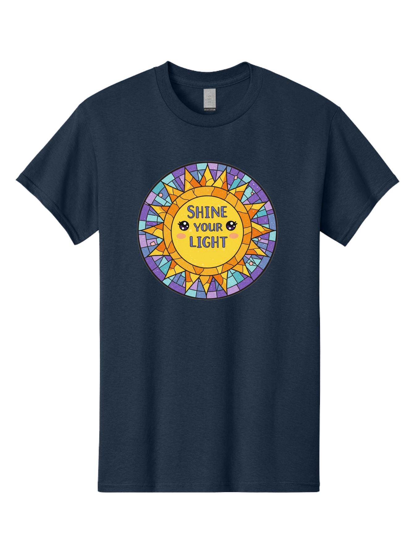 Shine-Your-Light-1 Men'S Graphic Tee, 100% Cotton, Comfortable Casual Summer Wear, Machine Washable, Stained Glass Sun, Inspirational Quote, Motivational Message, Cartoon Sun, Shine Your Light, Positivity, Encouragement, Colorful Graphic, Bae271
