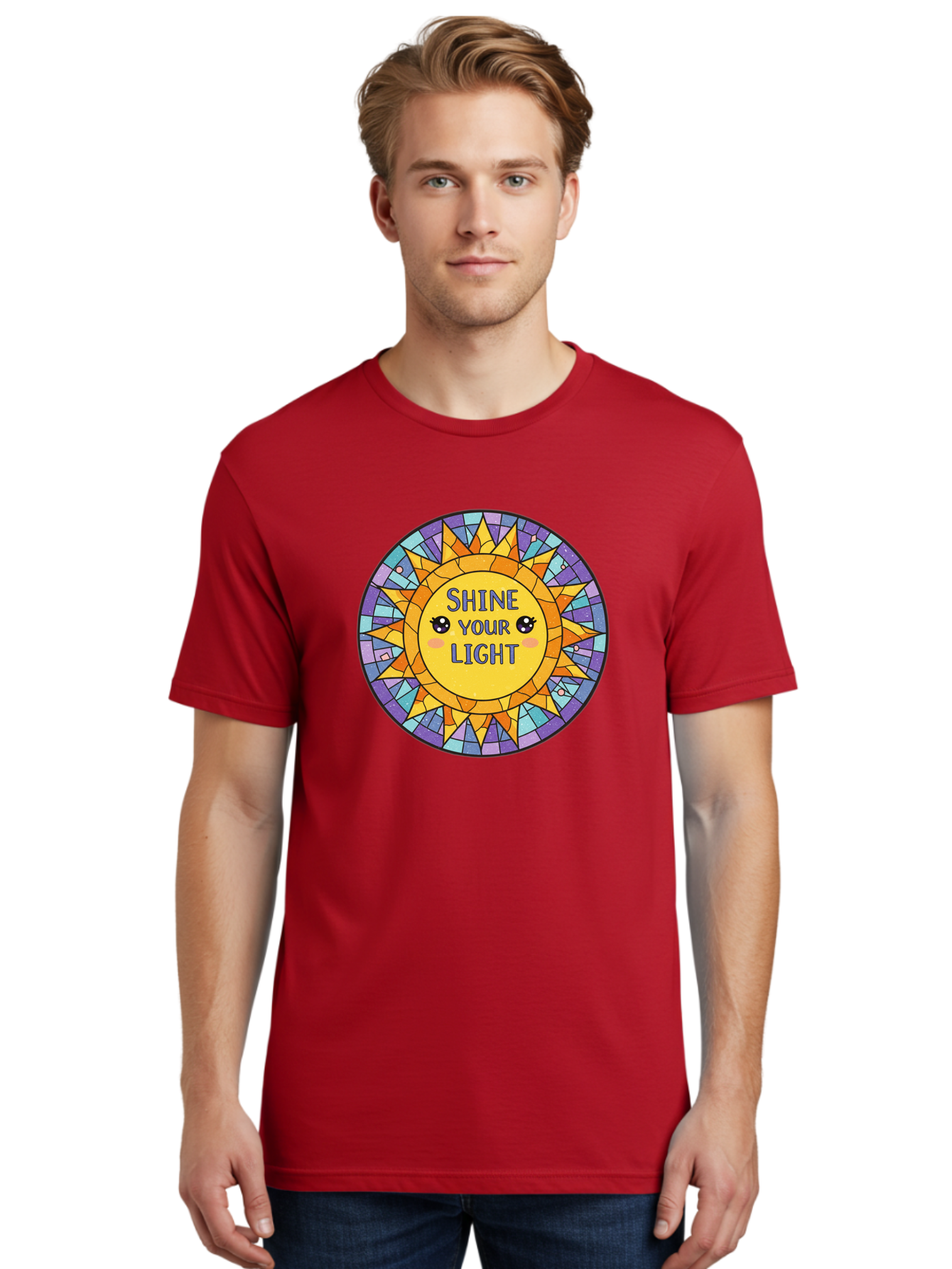 Shine-Your-Light-1 Men'S Graphic Tee, 100% Cotton, Comfortable Casual Summer Wear, Machine Washable, Stained Glass Sun, Inspirational Quote, Motivational Message, Cartoon Sun, Shine Your Light, Positivity, Encouragement, Colorful Graphic, Bae271