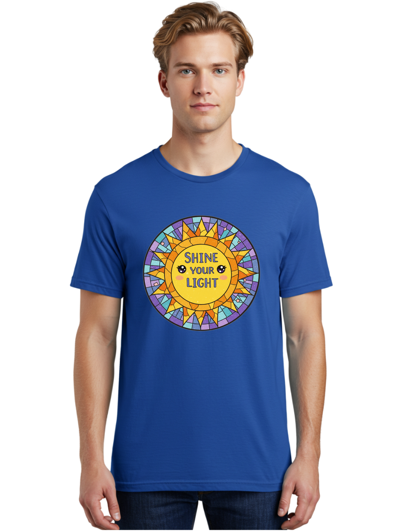 Shine-Your-Light-1 Men'S Graphic Tee, 100% Cotton, Comfortable Casual Summer Wear, Machine Washable, Stained Glass Sun, Inspirational Quote, Motivational Message, Cartoon Sun, Shine Your Light, Positivity, Encouragement, Colorful Graphic, Bae271