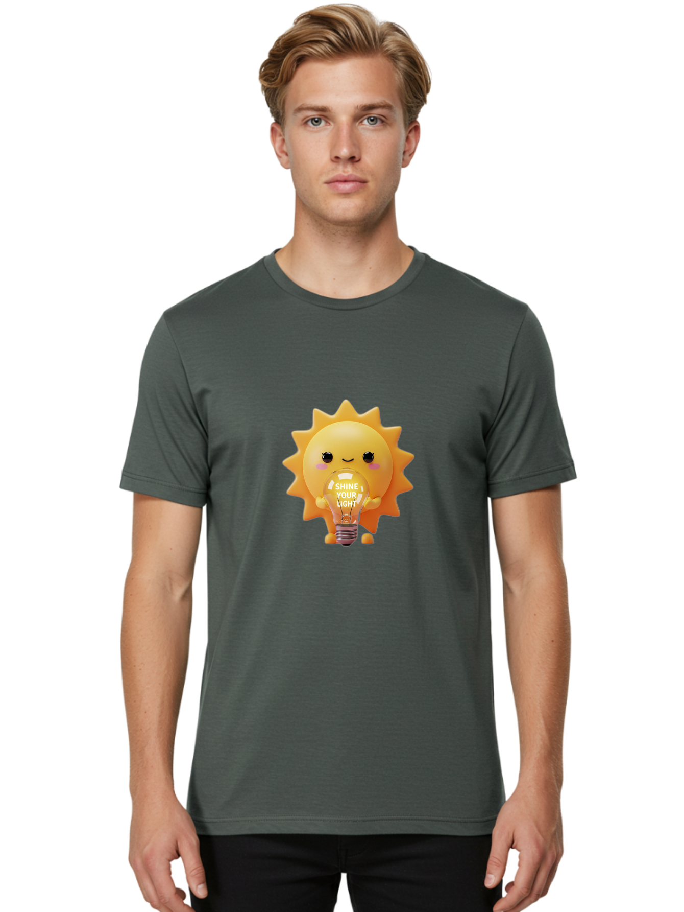Shine-Your-Light-2 Men'S Graphic Tee, 100% Cotton, Comfortable Casual Summer Wear, Machine Washable, Smiling Sun Character, Holding Lightbulb, Positive Affirmation, Inspirational Quote, Cute Cartoon Design, Shine Your Light, Creative Idea, Bae272