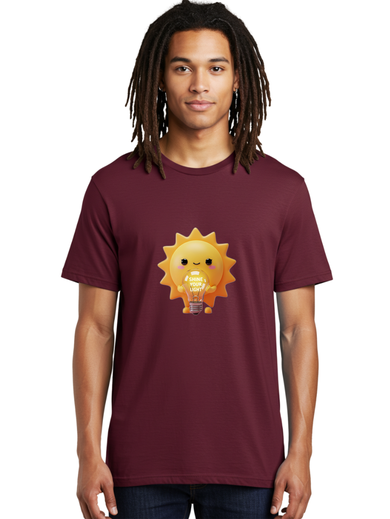 Shine-Your-Light-2 Men'S Graphic Tee, 100% Cotton, Comfortable Casual Summer Wear, Machine Washable, Smiling Sun Character, Holding Lightbulb, Positive Affirmation, Inspirational Quote, Cute Cartoon Design, Shine Your Light, Creative Idea, Bae272