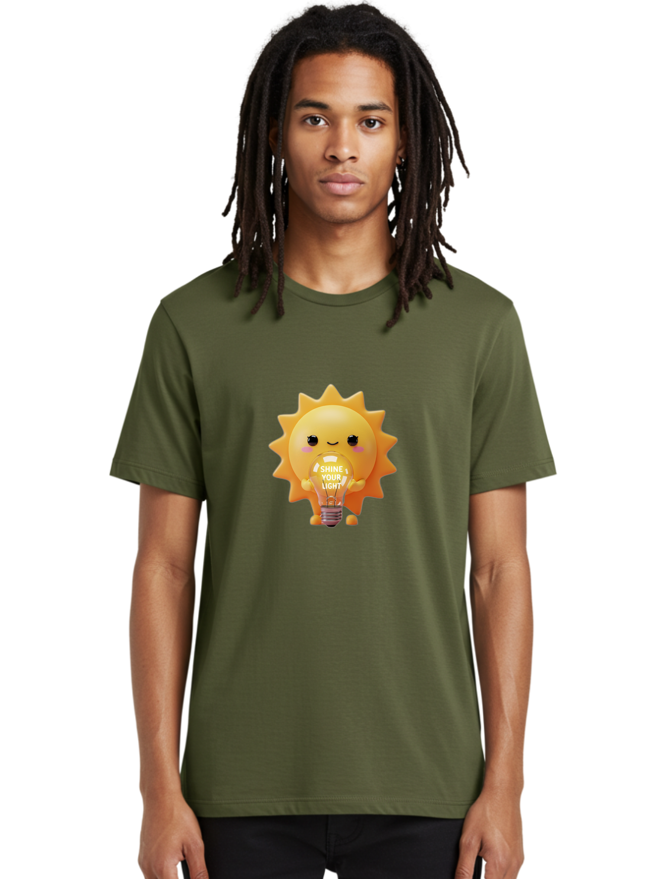 Shine-Your-Light-2 Men'S Graphic Tee, 100% Cotton, Comfortable Casual Summer Wear, Machine Washable, Smiling Sun Character, Holding Lightbulb, Positive Affirmation, Inspirational Quote, Cute Cartoon Design, Shine Your Light, Creative Idea, Bae272