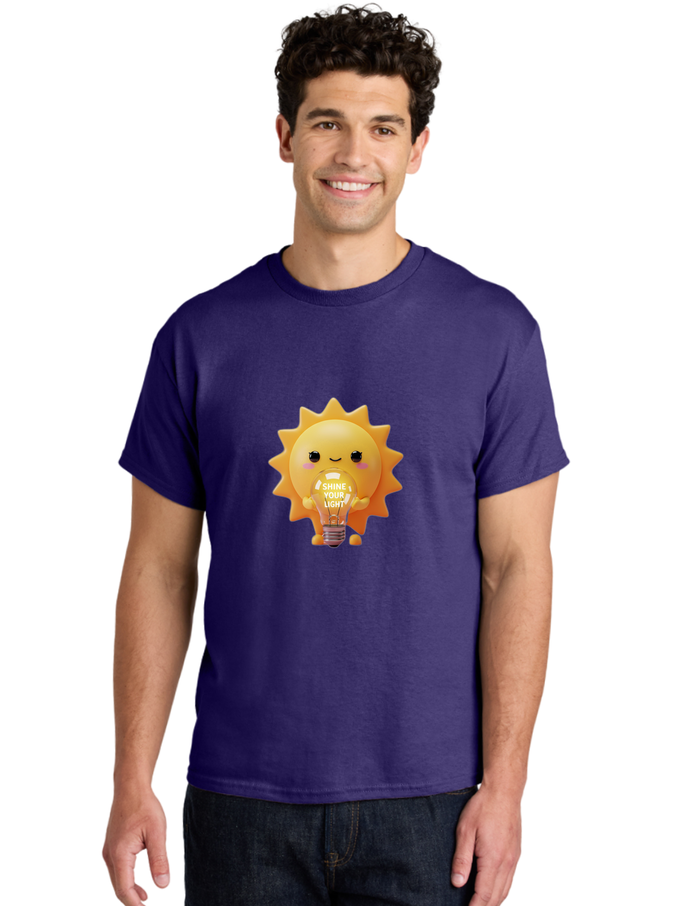 Shine-Your-Light-2 Men'S Graphic Tee, 100% Cotton, Comfortable Casual Summer Wear, Machine Washable, Smiling Sun Character, Holding Lightbulb, Positive Affirmation, Inspirational Quote, Cute Cartoon Design, Shine Your Light, Creative Idea, Bae272
