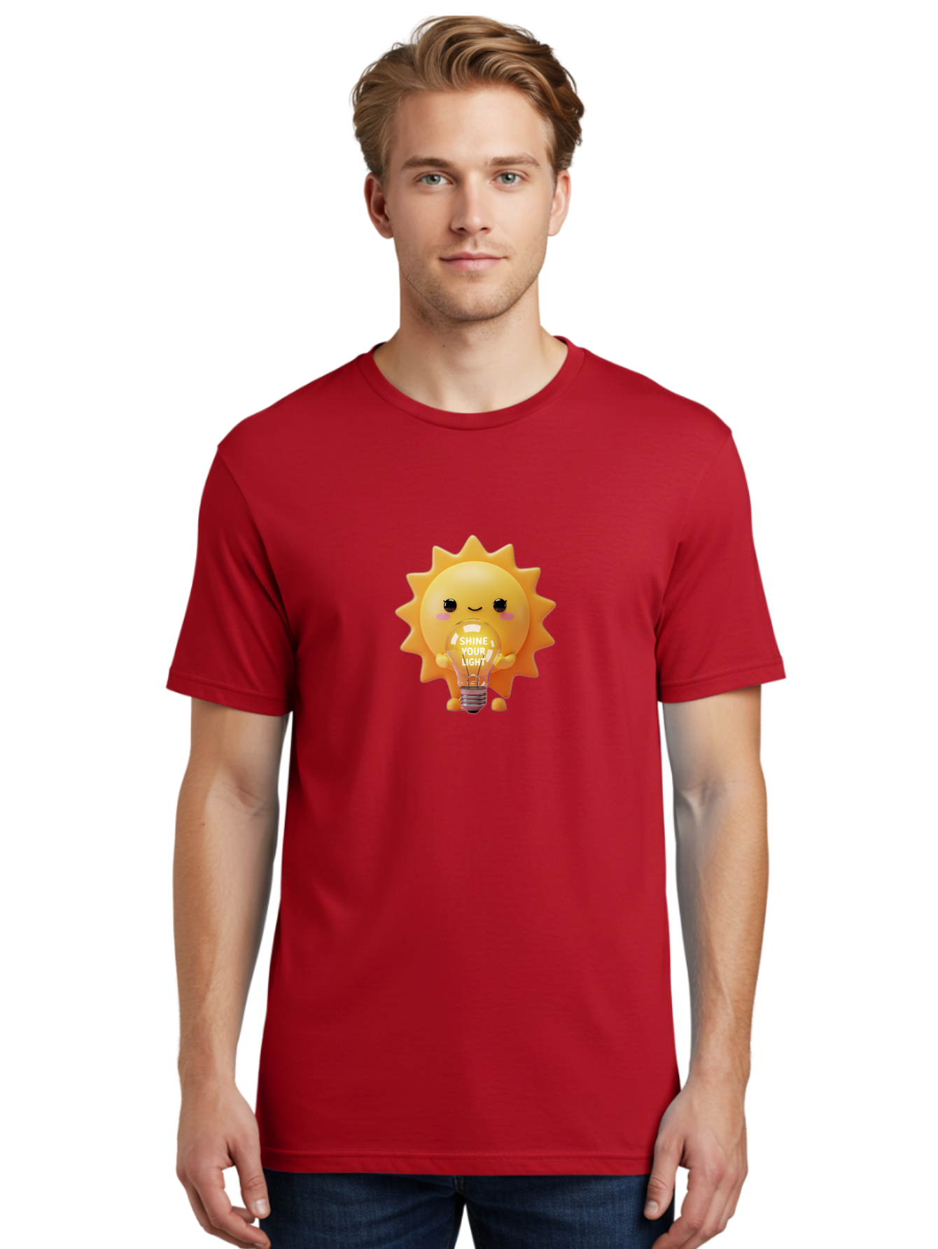 Shine-Your-Light-2 Men'S Graphic Tee, 100% Cotton, Comfortable Casual Summer Wear, Machine Washable, Smiling Sun Character, Holding Lightbulb, Positive Affirmation, Inspirational Quote, Cute Cartoon Design, Shine Your Light, Creative Idea, Bae272
