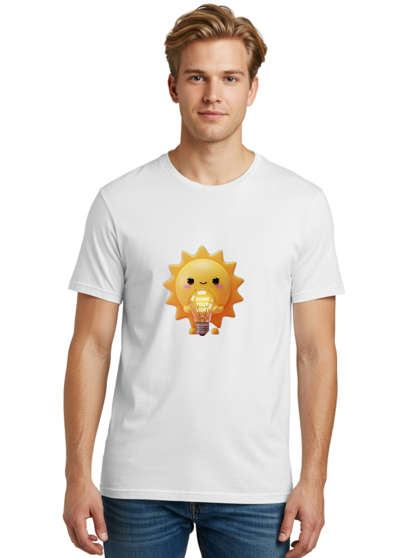 Shine-Your-Light-2 Men'S Graphic Tee, 100% Cotton, Comfortable Casual Summer Wear, Machine Washable, Smiling Sun Character, Holding Lightbulb, Positive Affirmation, Inspirational Quote, Cute Cartoon Design, Shine Your Light, Creative Idea, Bae272