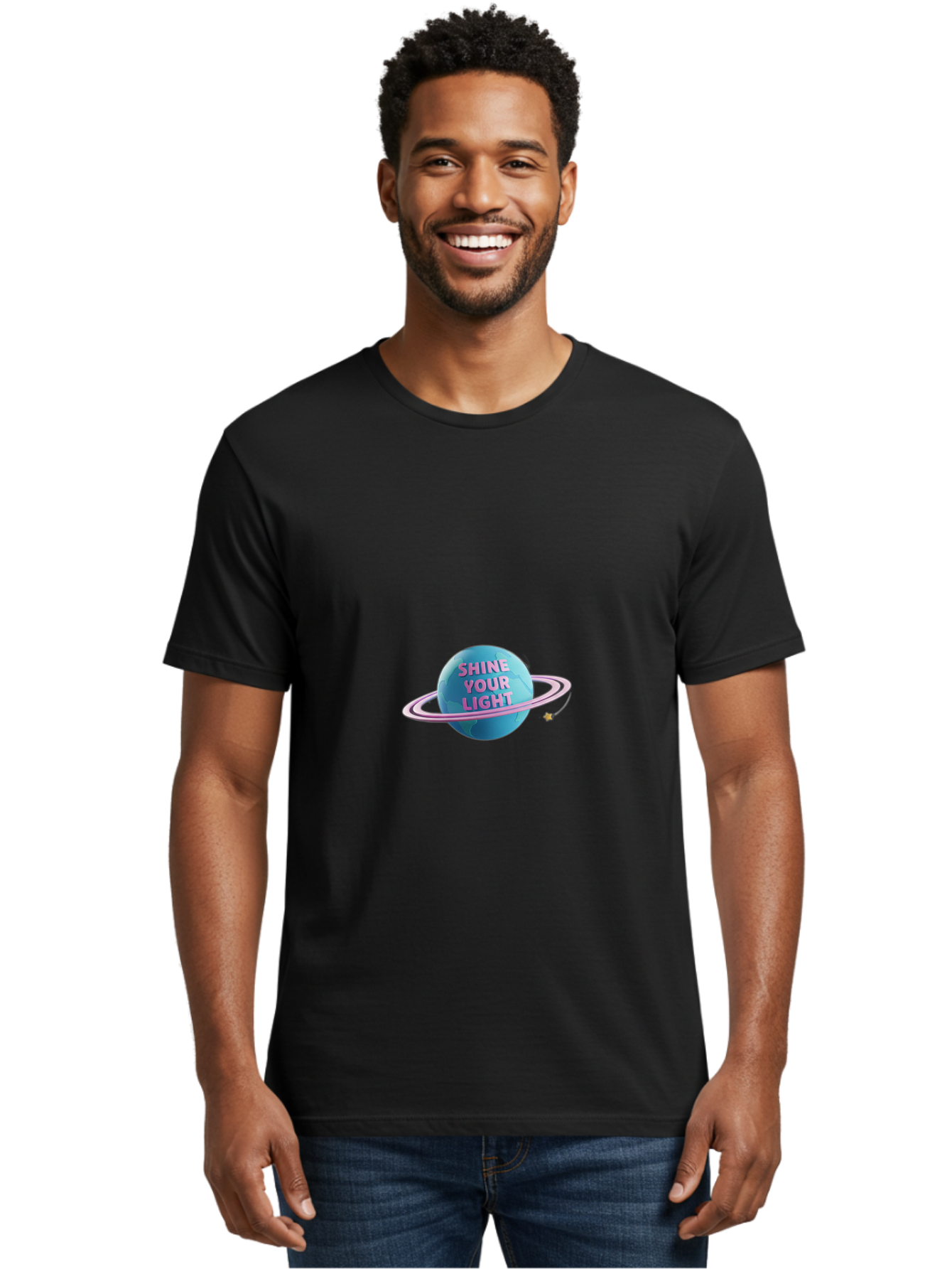Shine-Your-Light-3 Men'S Graphic Tee, 100% Cotton, Comfortable Casual Summer Wear, Machine Washable, Blue Planet, Pink Ring, Shiny, Motivational Quote, Inspiring Words, Neon Light, Space Scene, Celestial Body, Shine Your Light Bae273