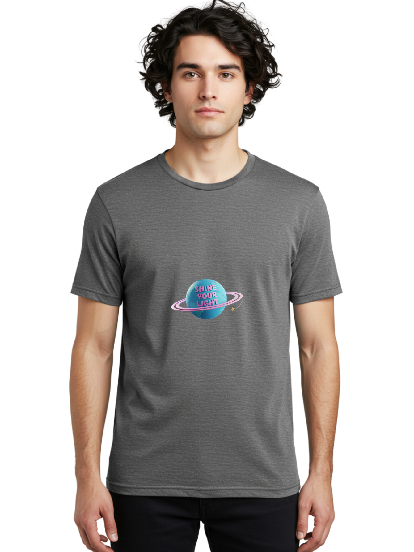 Shine-Your-Light-3 Men'S Graphic Tee, 100% Cotton, Comfortable Casual Summer Wear, Machine Washable, Blue Planet, Pink Ring, Shiny, Motivational Quote, Inspiring Words, Neon Light, Space Scene, Celestial Body, Shine Your Light Bae273