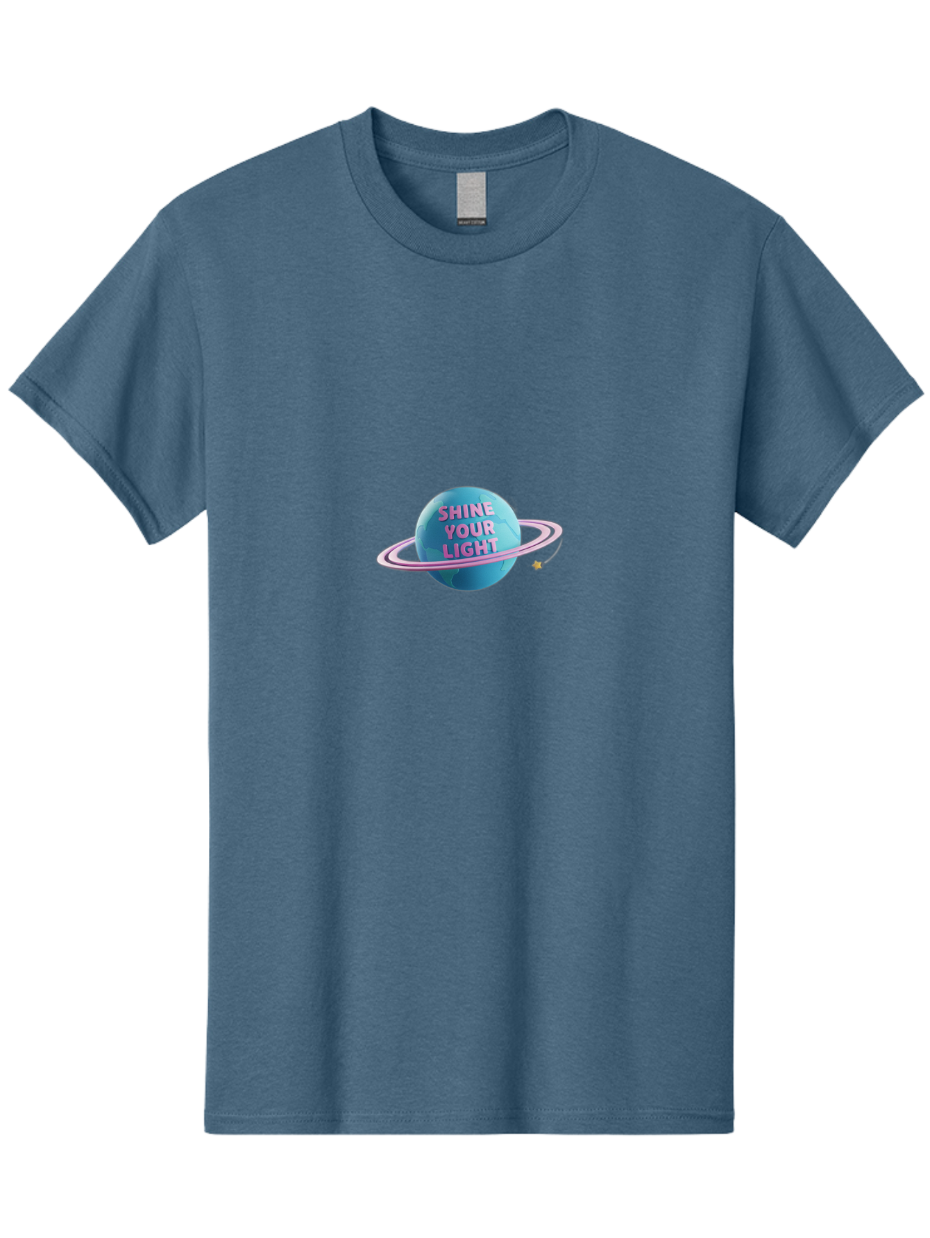Shine-Your-Light-3 Men'S Graphic Tee, 100% Cotton, Comfortable Casual Summer Wear, Machine Washable, Blue Planet, Pink Ring, Shiny, Motivational Quote, Inspiring Words, Neon Light, Space Scene, Celestial Body, Shine Your Light Bae273