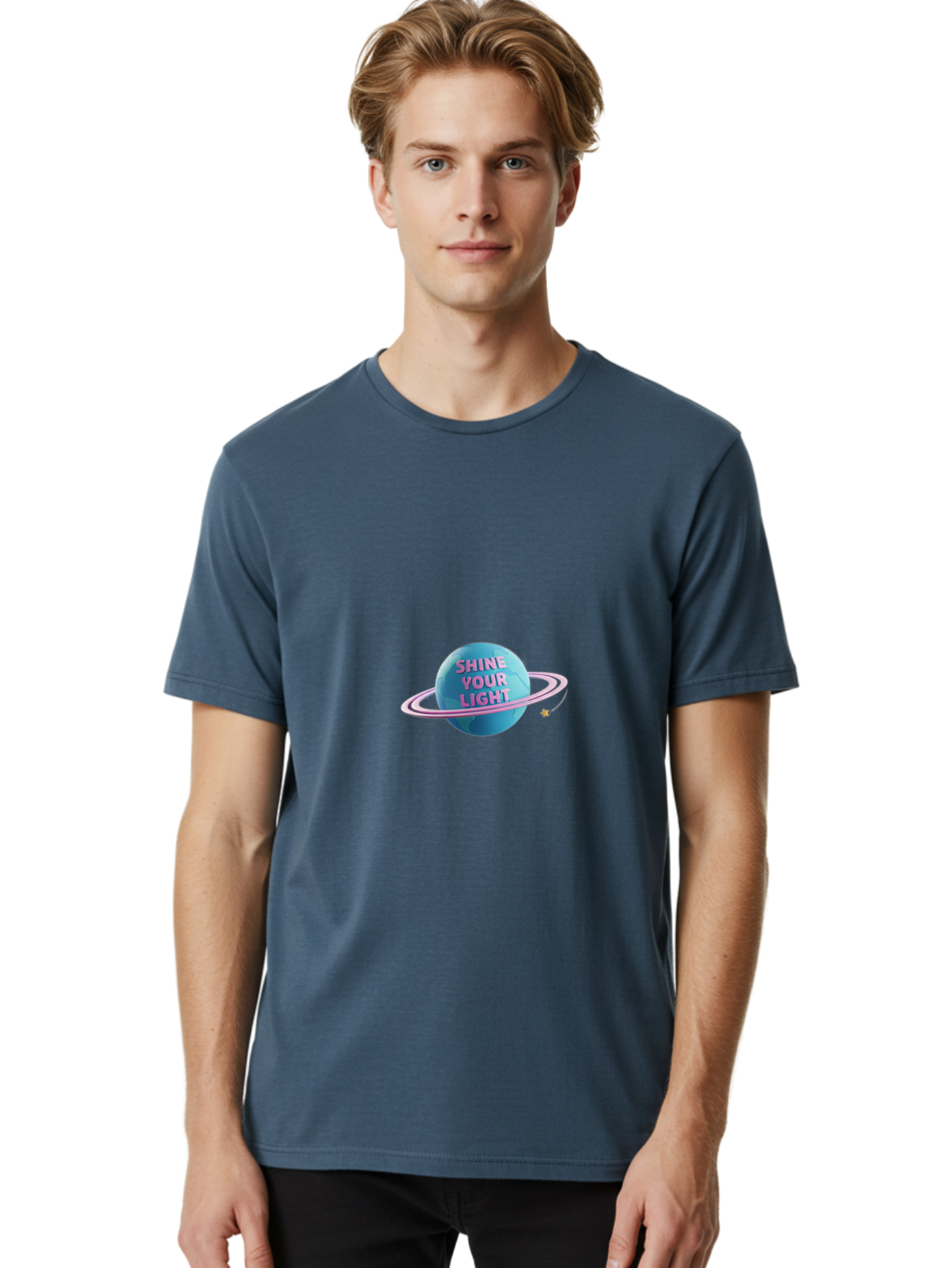 Shine-Your-Light-3 Men'S Graphic Tee, 100% Cotton, Comfortable Casual Summer Wear, Machine Washable, Blue Planet, Pink Ring, Shiny, Motivational Quote, Inspiring Words, Neon Light, Space Scene, Celestial Body, Shine Your Light Bae273
