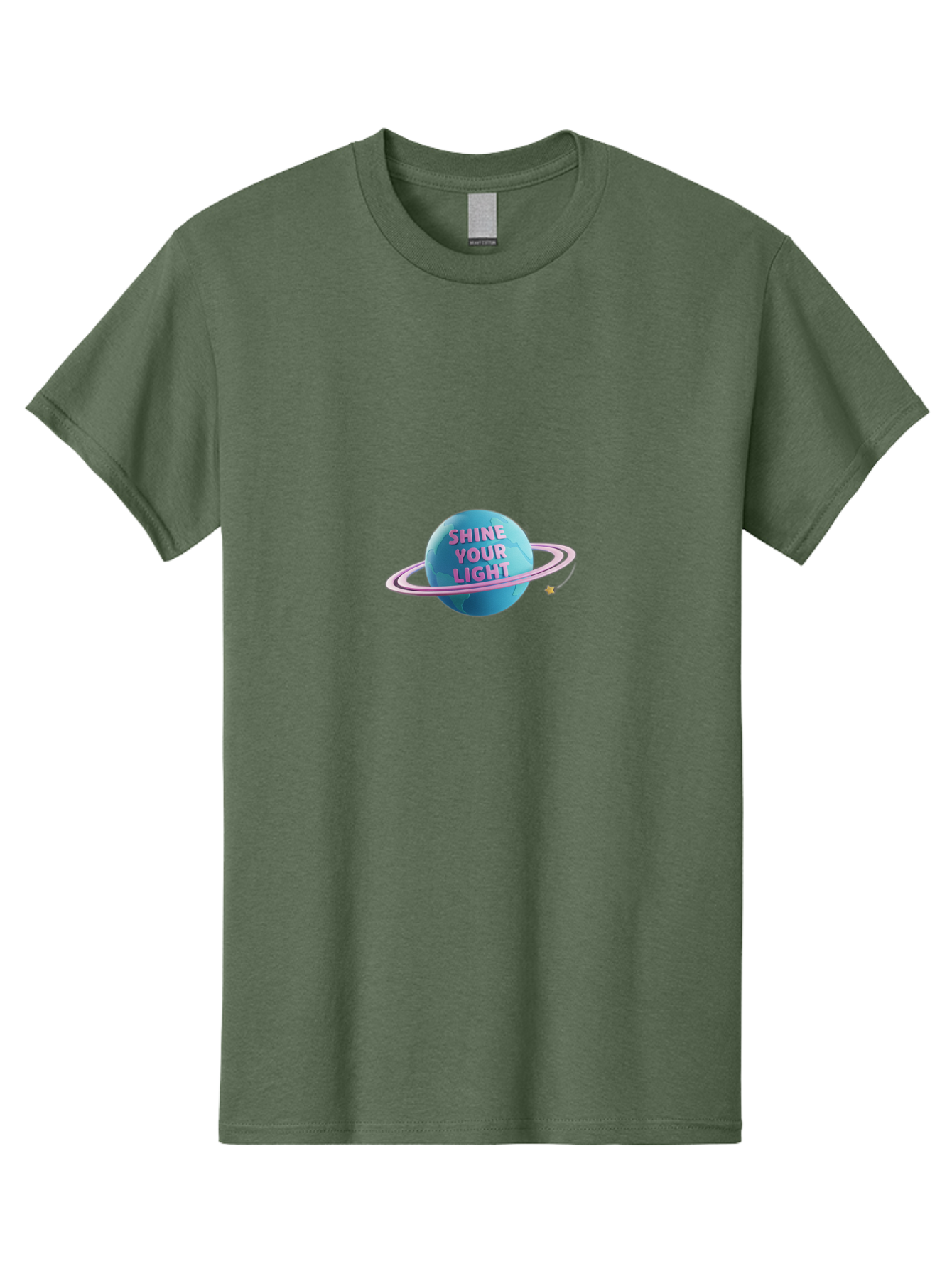 Shine-Your-Light-3 Men'S Graphic Tee, 100% Cotton, Comfortable Casual Summer Wear, Machine Washable, Blue Planet, Pink Ring, Shiny, Motivational Quote, Inspiring Words, Neon Light, Space Scene, Celestial Body, Shine Your Light Bae273