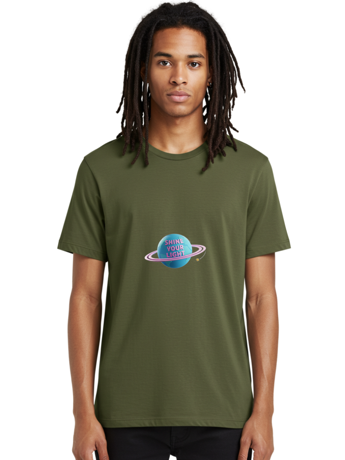 Shine-Your-Light-3 Men'S Graphic Tee, 100% Cotton, Comfortable Casual Summer Wear, Machine Washable, Blue Planet, Pink Ring, Shiny, Motivational Quote, Inspiring Words, Neon Light, Space Scene, Celestial Body, Shine Your Light Bae273