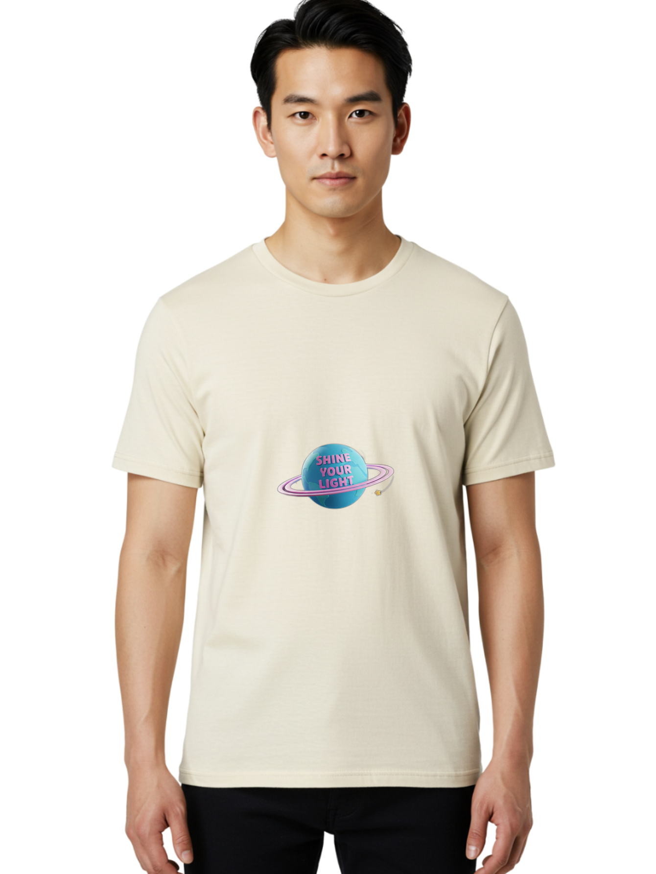 Shine-Your-Light-3 Men'S Graphic Tee, 100% Cotton, Comfortable Casual Summer Wear, Machine Washable, Blue Planet, Pink Ring, Shiny, Motivational Quote, Inspiring Words, Neon Light, Space Scene, Celestial Body, Shine Your Light Bae273