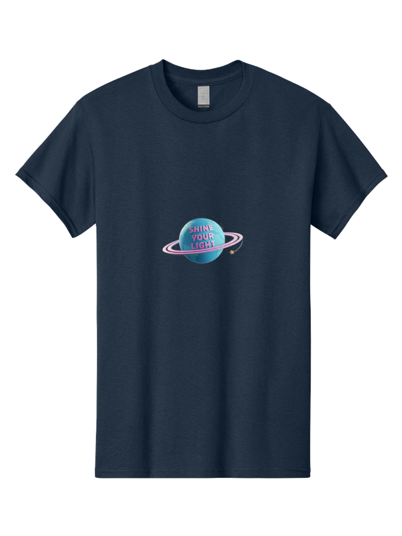 Shine-Your-Light-3 Men'S Graphic Tee, 100% Cotton, Comfortable Casual Summer Wear, Machine Washable, Blue Planet, Pink Ring, Shiny, Motivational Quote, Inspiring Words, Neon Light, Space Scene, Celestial Body, Shine Your Light Bae273