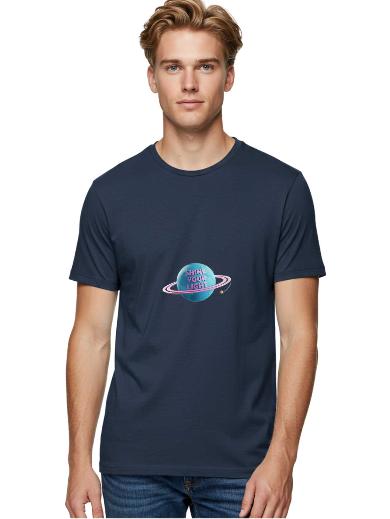 Shine-Your-Light-3 Men'S Graphic Tee, 100% Cotton, Comfortable Casual Summer Wear, Machine Washable, Blue Planet, Pink Ring, Shiny, Motivational Quote, Inspiring Words, Neon Light, Space Scene, Celestial Body, Shine Your Light Bae273