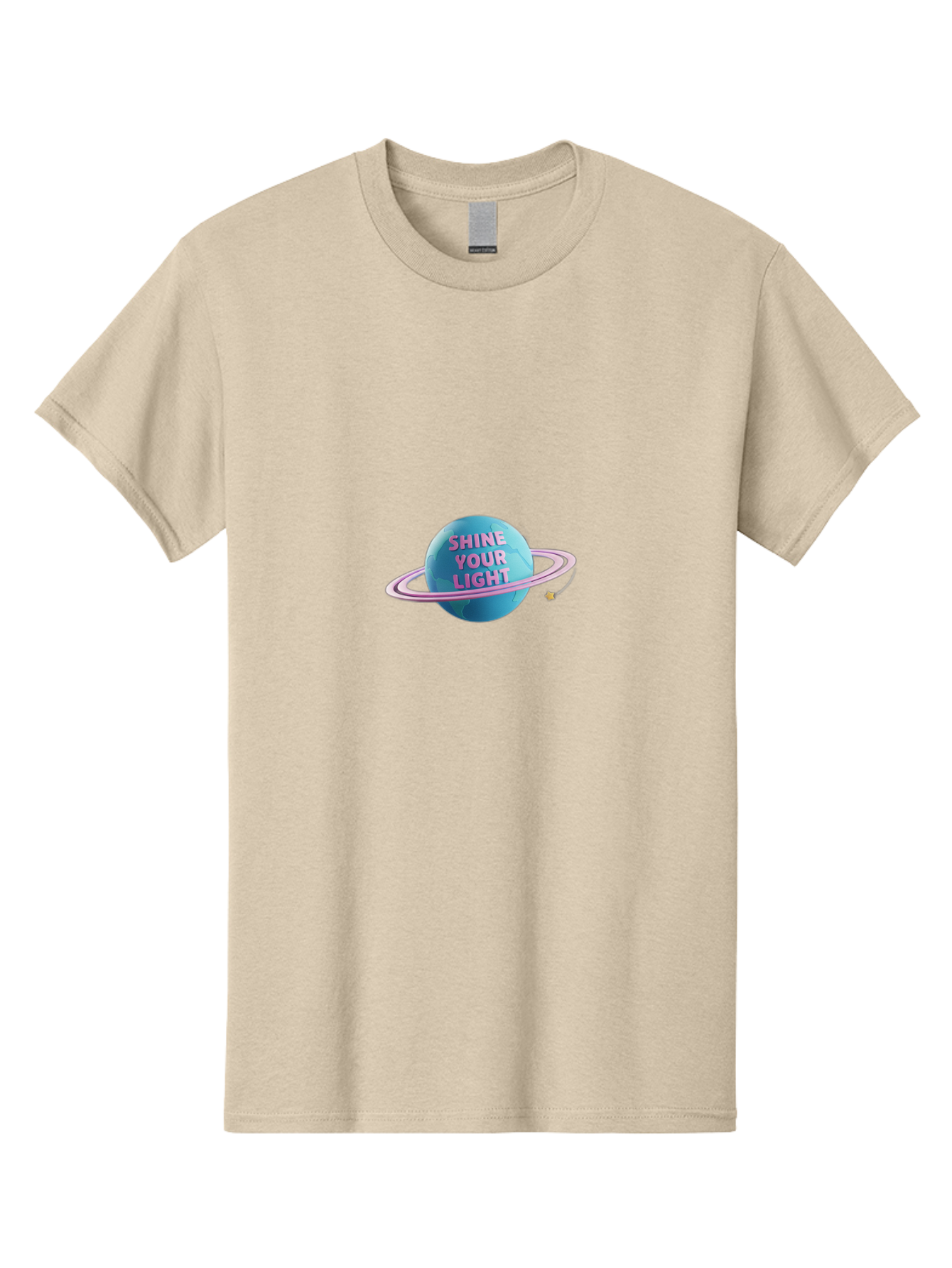 Shine-Your-Light-3 Men'S Graphic Tee, 100% Cotton, Comfortable Casual Summer Wear, Machine Washable, Blue Planet, Pink Ring, Shiny, Motivational Quote, Inspiring Words, Neon Light, Space Scene, Celestial Body, Shine Your Light Bae273