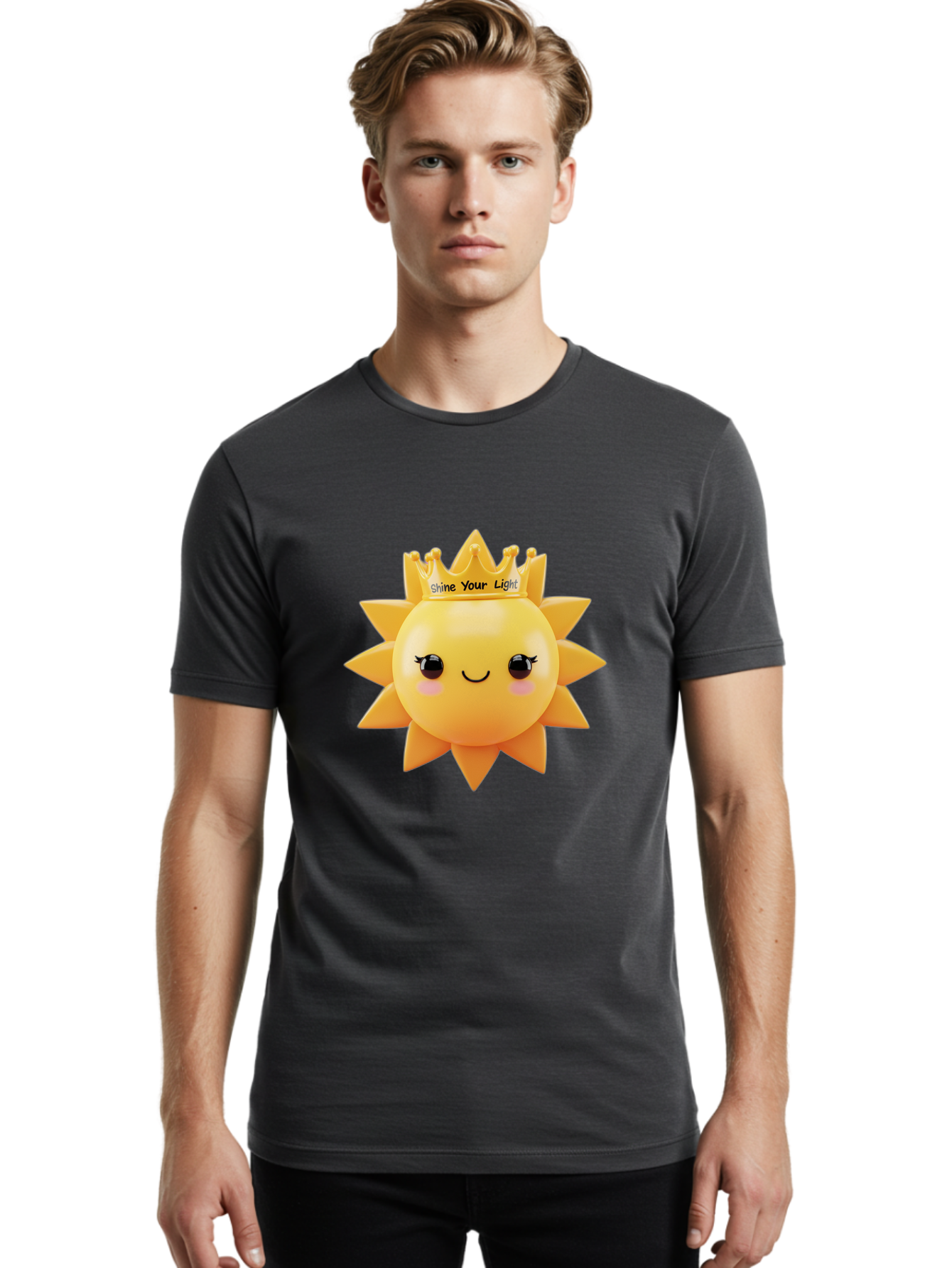 Shine-Your-Light-Sun Men'S Graphic Tee, 100% Cotton, Comfortable Casual Summer Wear, Machine Washable, Smiling Sun Figurine, Inspirational Quote, Motivational Message, Positive Affirmation, Shine Your Light, Cute Cartoon Character, Happy Face, Bae274