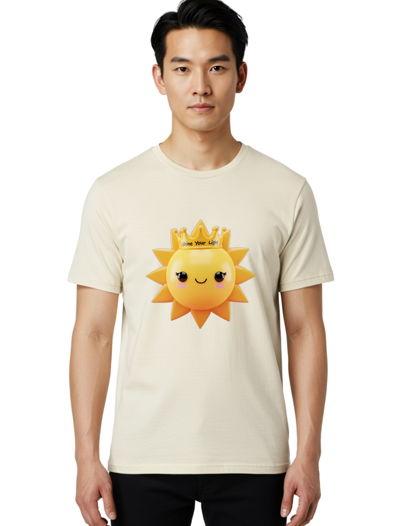 Shine-Your-Light-Sun Men'S Graphic Tee, 100% Cotton, Comfortable Casual Summer Wear, Machine Washable, Smiling Sun Figurine, Inspirational Quote, Motivational Message, Positive Affirmation, Shine Your Light, Cute Cartoon Character, Happy Face, Bae274