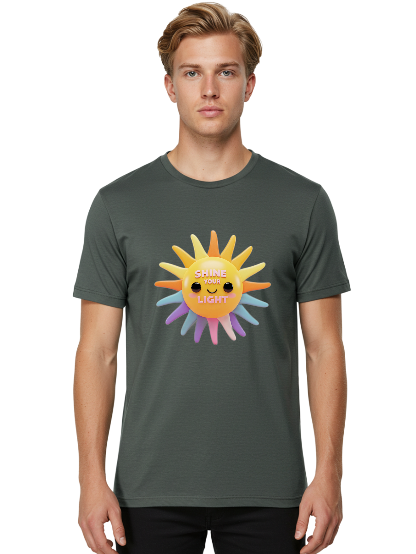 Shine-Your-Light Men'S Graphic Tee, 100% Cotton, Comfortable Casual Summer Wear, Machine Washable, Smiling Sun, Inspirational Quote, Multicolored Rays, Pink Text, Motivational Message, Happy Face, Pastel Colors, Positive Vibes Bae275