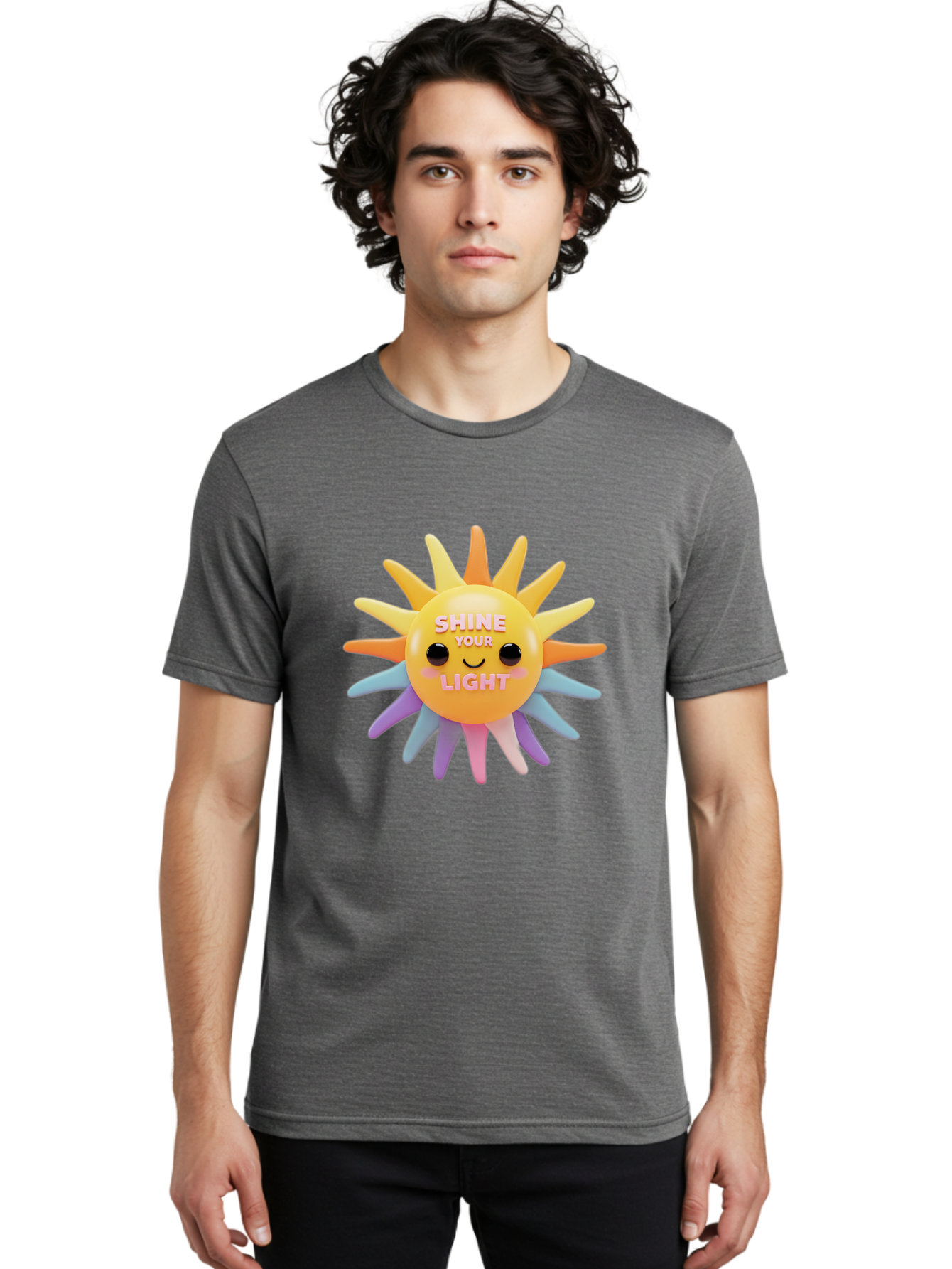 Shine-Your-Light Men'S Graphic Tee, 100% Cotton, Comfortable Casual Summer Wear, Machine Washable, Smiling Sun, Inspirational Quote, Multicolored Rays, Pink Text, Motivational Message, Happy Face, Pastel Colors, Positive Vibes Bae275