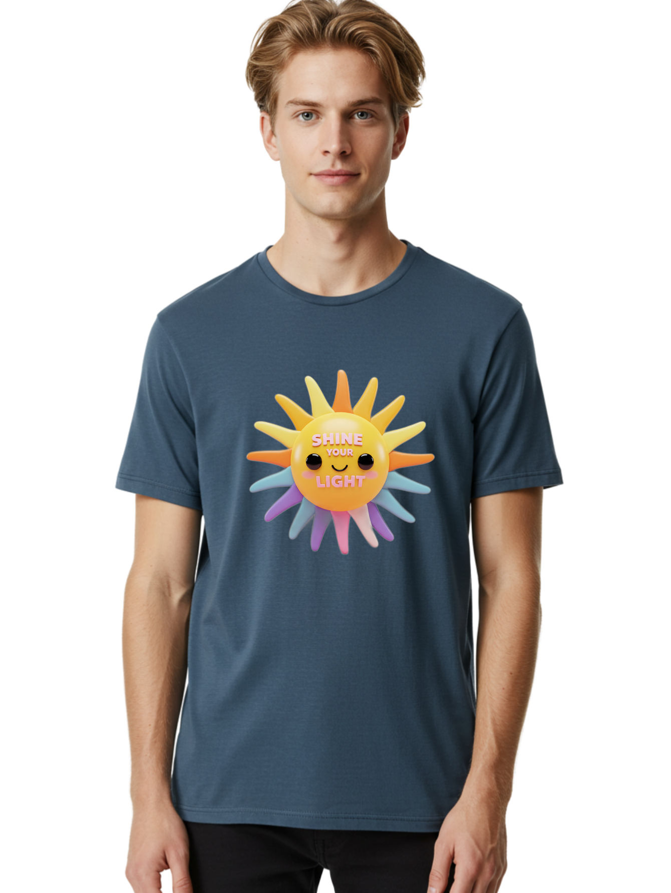 Shine-Your-Light Men'S Graphic Tee, 100% Cotton, Comfortable Casual Summer Wear, Machine Washable, Smiling Sun, Inspirational Quote, Multicolored Rays, Pink Text, Motivational Message, Happy Face, Pastel Colors, Positive Vibes Bae275
