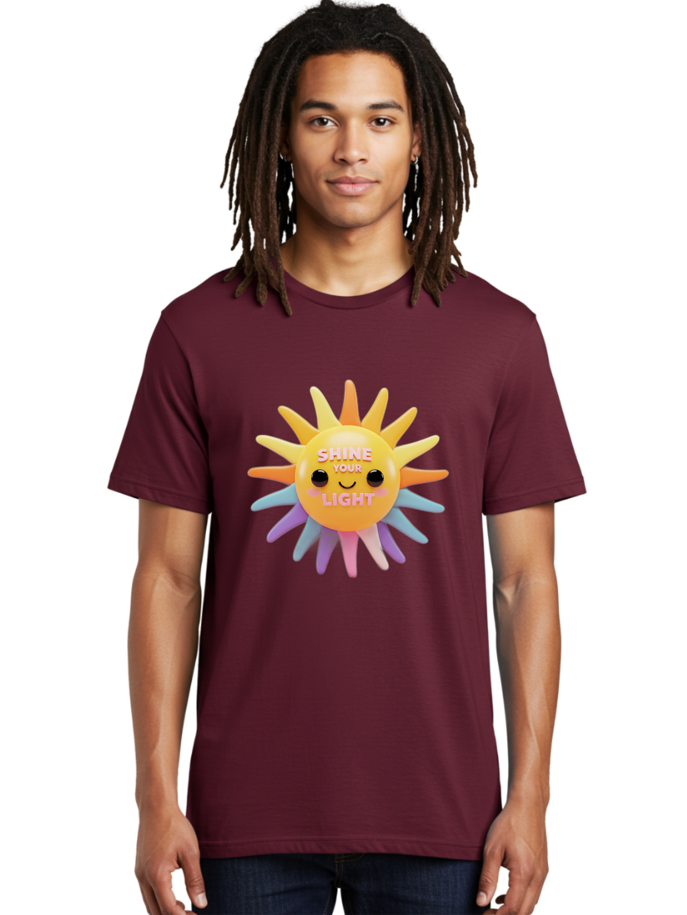 Shine-Your-Light Men'S Graphic Tee, 100% Cotton, Comfortable Casual Summer Wear, Machine Washable, Smiling Sun, Inspirational Quote, Multicolored Rays, Pink Text, Motivational Message, Happy Face, Pastel Colors, Positive Vibes Bae275