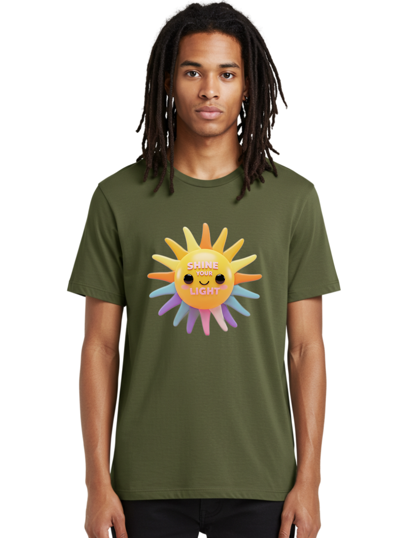 Shine-Your-Light Men'S Graphic Tee, 100% Cotton, Comfortable Casual Summer Wear, Machine Washable, Smiling Sun, Inspirational Quote, Multicolored Rays, Pink Text, Motivational Message, Happy Face, Pastel Colors, Positive Vibes Bae275